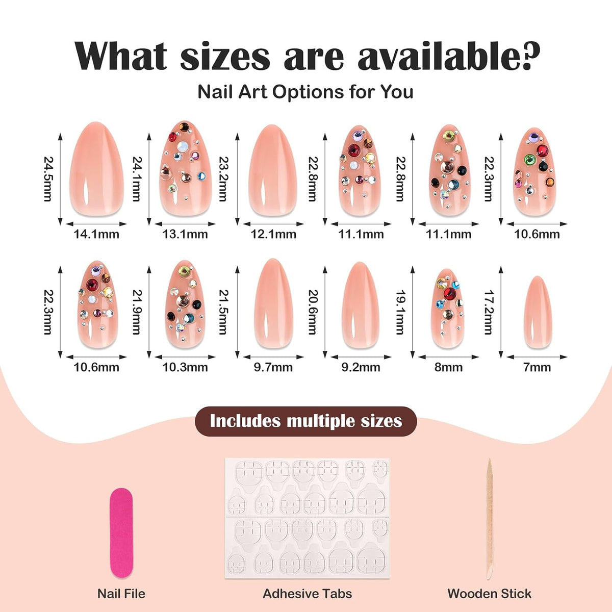 HOSAILY Luxury Press on Nails Medium Almond Rhinestones French Designs Fake Nails, 24PCS Glossy Sparkle Colorful Gems Stick on Nails for Women Party Daily Wear