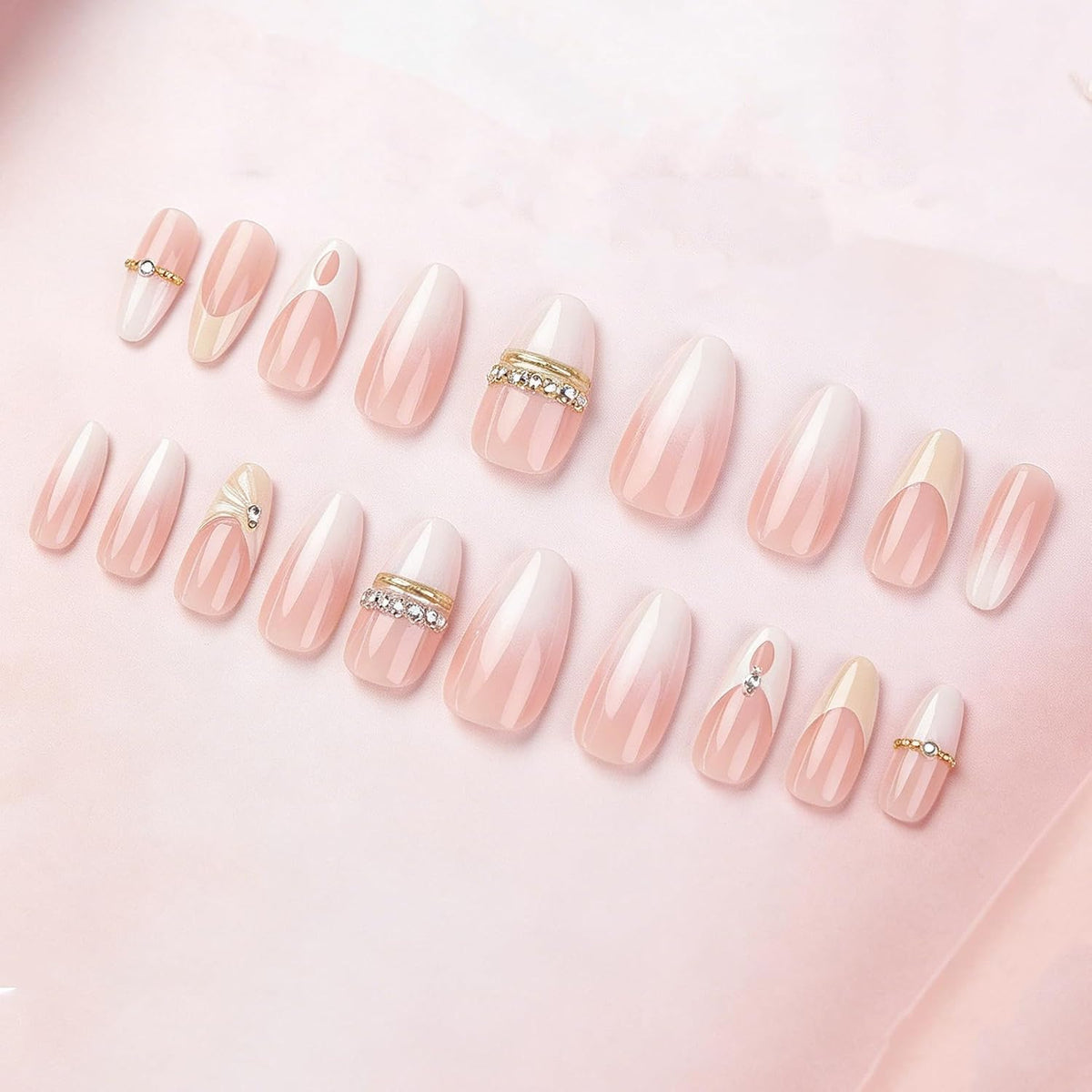 BABALAL Press On Nails - Medium Almond Fake Nails, Pink White Gradient, Rhinestone Gold Bangle, Glossy Coquette Wedding Bridal Glue On Nails 24Pcs