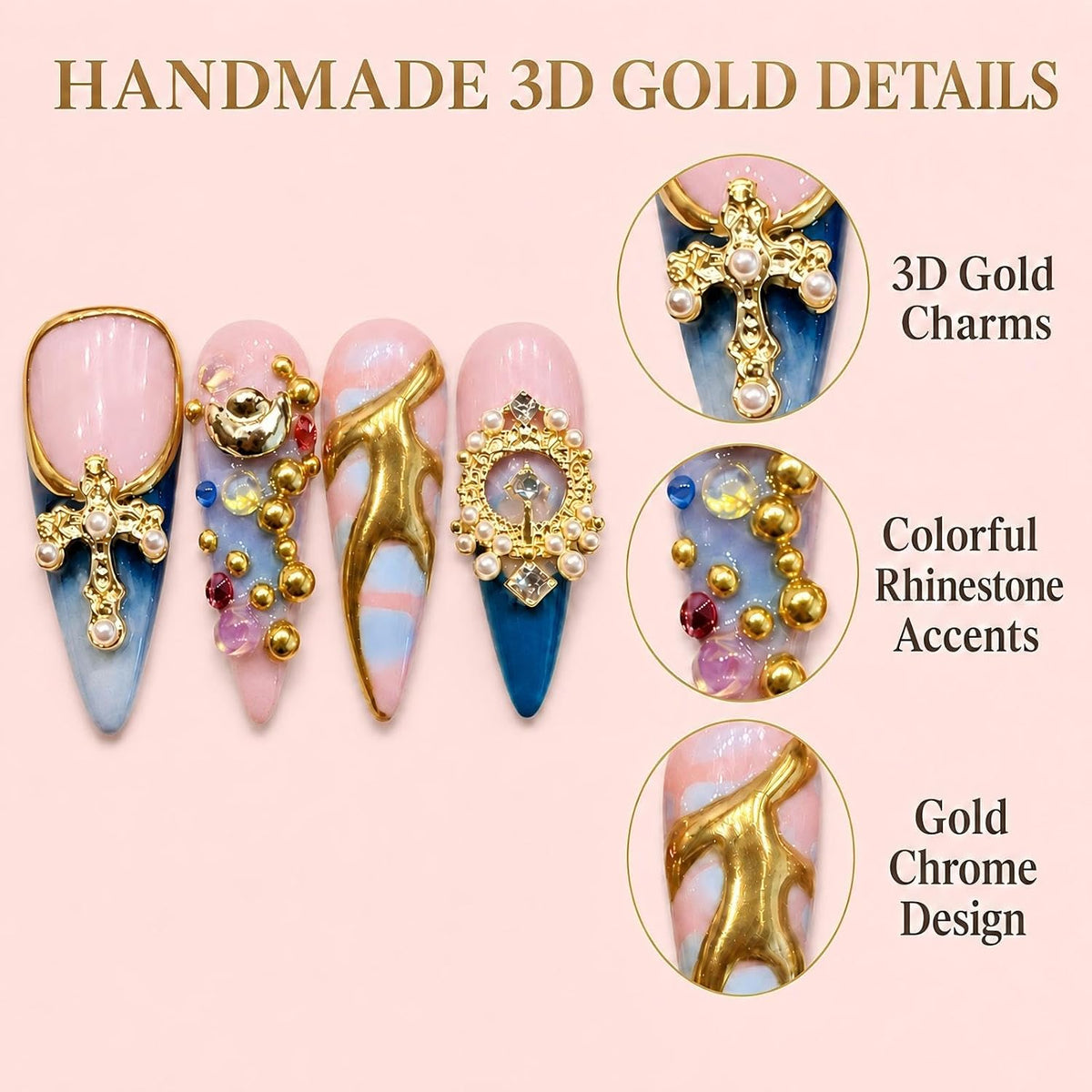 Baroque Gold Charm Press on Nails, Pink Blue Luxury Long Stiletto