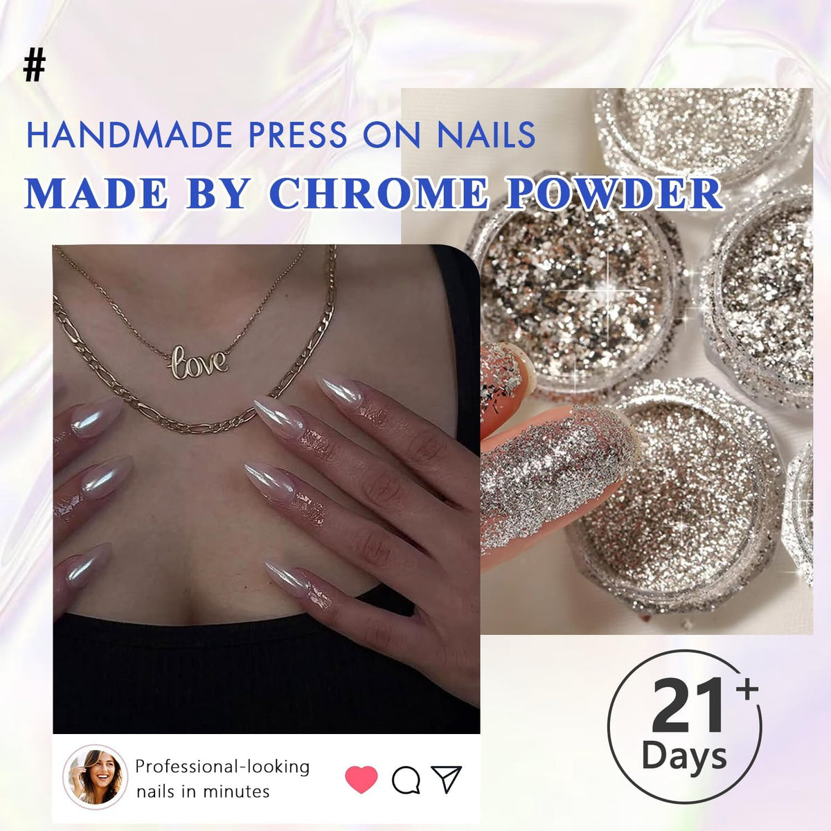 White French Tip Press On Nails Almond - KQueenest Chrome Press On Nails Medium, Glazed Natural Light Nude Fake Nails Press on, Reusable Glue on Nails Stick On Nail for Women Bridal Wedding