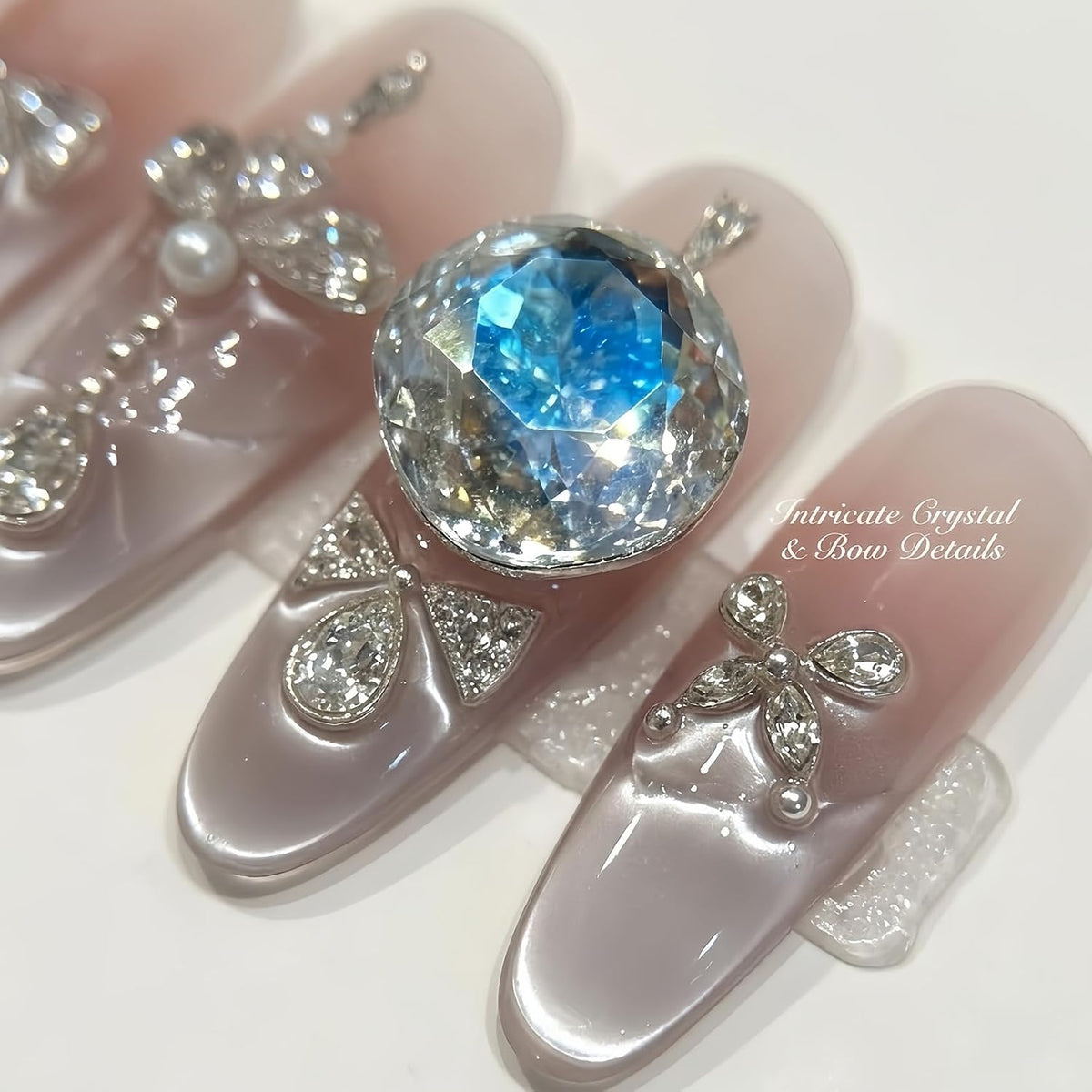 Nude Jelly Press on Nails Long Coffin, Handmade Luxury Rhinestone False Nails with Crystal & Pearl, Glossy Nude Ballerina Fake Nails Reusable Stick On Nails Set for Women 10Pcs