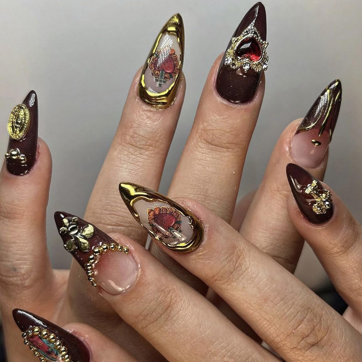 BABALAL Press On Nails - Medium Almond Fake Nails, Pink White Gradient, Rhinestone Gold Bangle, Glossy Coquette Wedding Bridal Glue On Nails 24Pcs