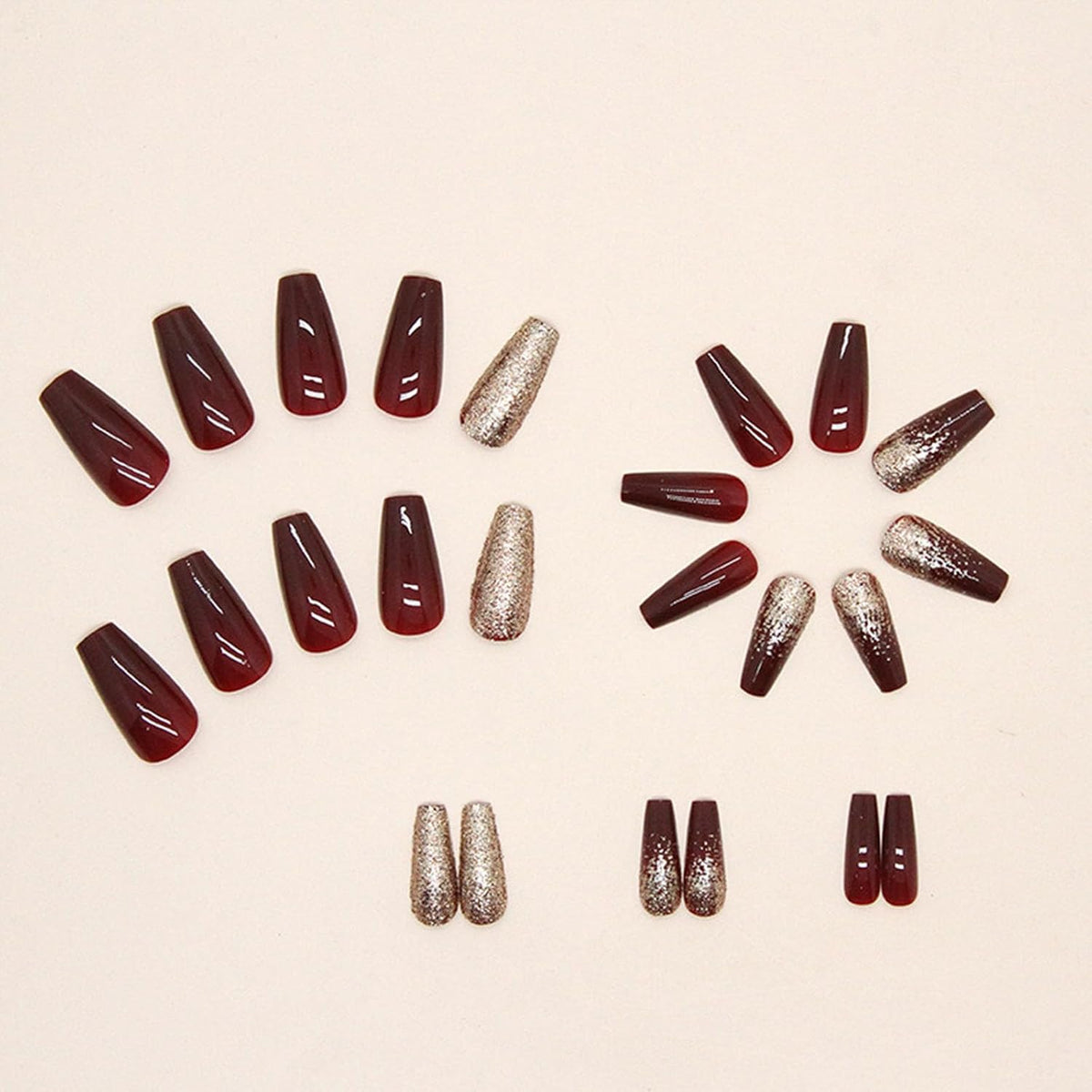 Wedding Shiny Red Wine Color Press On Nails, Mid Size Fake Nails, Bride's Best Fake Nails with Shiny luster and Gold Powder, Detachable Acrylic Nails and Suitable for Women and Girl's Nail Art, 24 PCS