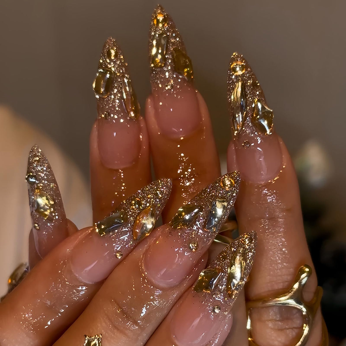 3D Gold Press on Nails Long Stiletto Fake Nails Glossy Nude Blue Full Cover