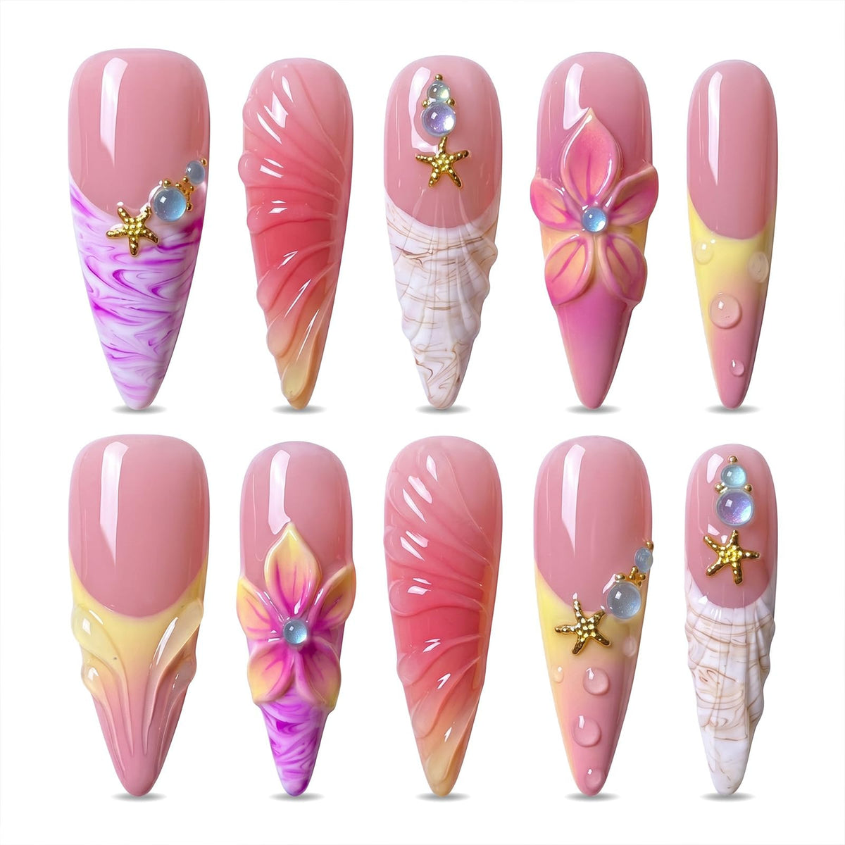 Handmade Press on Nails Long Stiletto - Liquid Gold Abstract Acrylic Fake Nails with Blue Shimmer & Colorful Gems, Luxury Reusable False Nails 10 pcs (Size M)