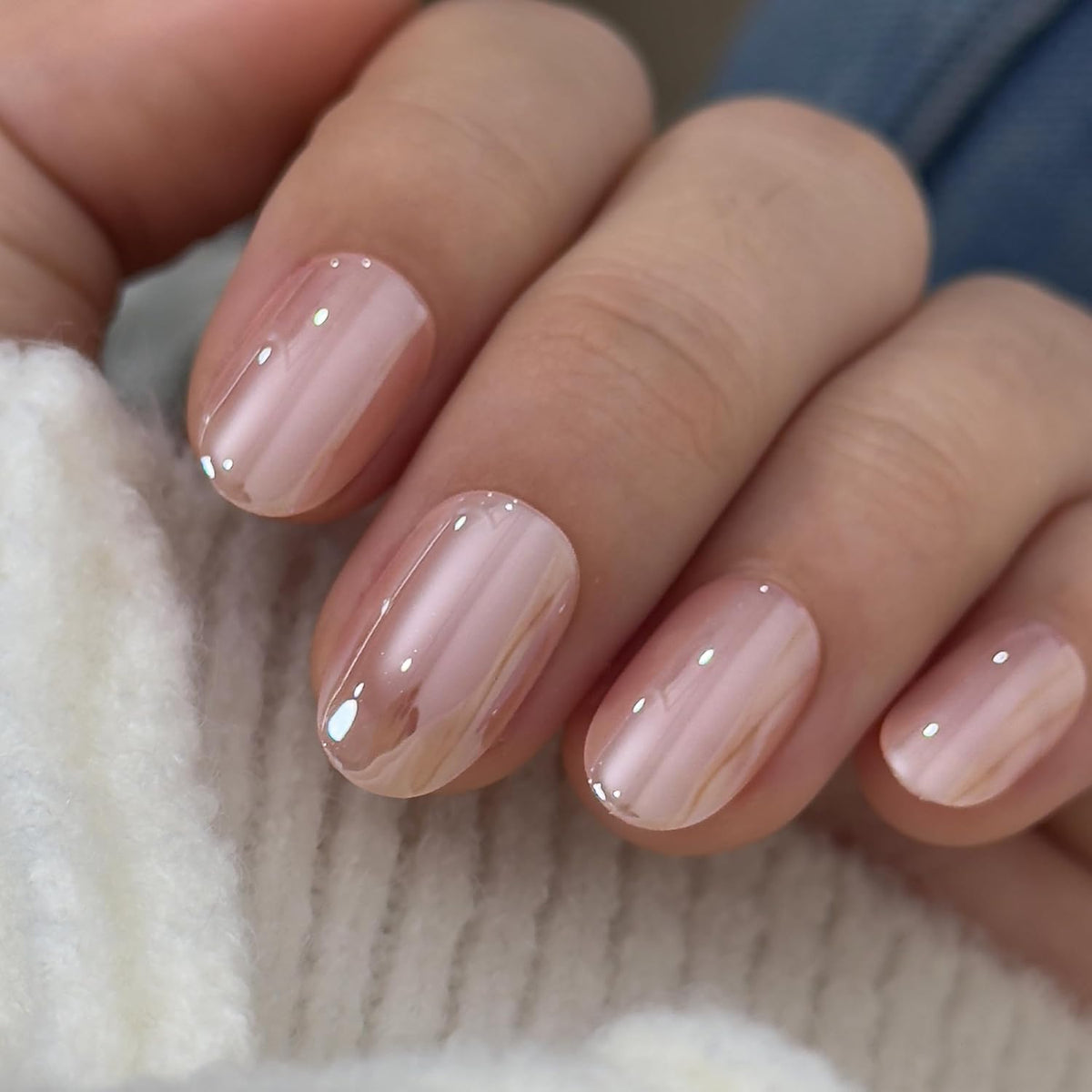 CurvLife Short Oval Chrome Nude Press On Nails, Champagne Pearl, Soft Gel