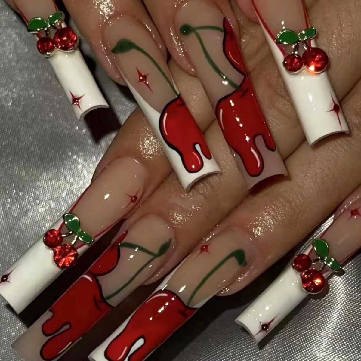 MISUD Press on Nails - Extra Long Square Glue on Nails with French Tip, Acrylic Dollar Money Rhinestone Design 24 pcs
