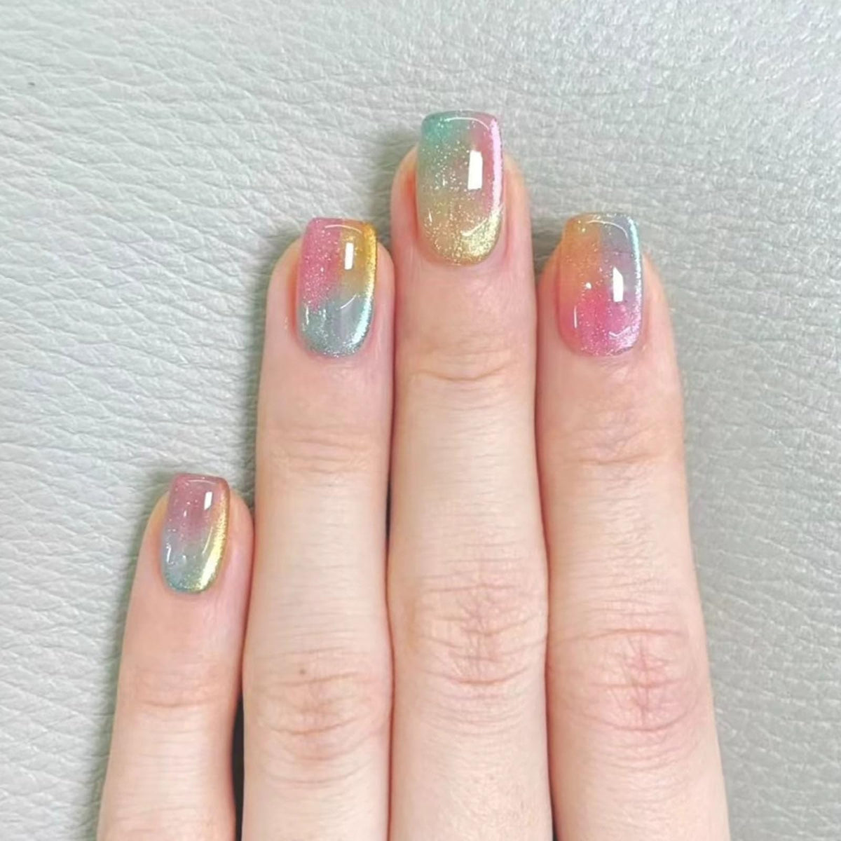 French Tip Press on Nails Almond Medium Fake Nails with Chrome Glitter Designs Nails Press ons Pink Gold Glue on Nails Natural False Nails Glossy Artificial Nails Simple Stick on Nails for Women 24Pcs