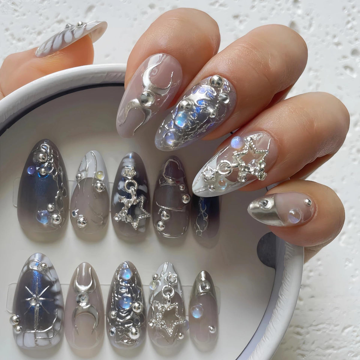 Nude Pearl Gold French Press on Nails Medium Almond Fake Nails Kit 24PCS