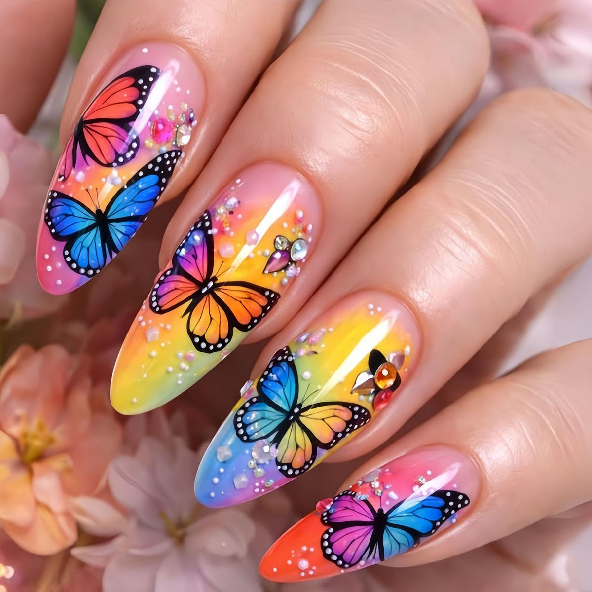 Summer Press on Nails Almond Pink Floral Shell Pearl Gold Dot Fake Women