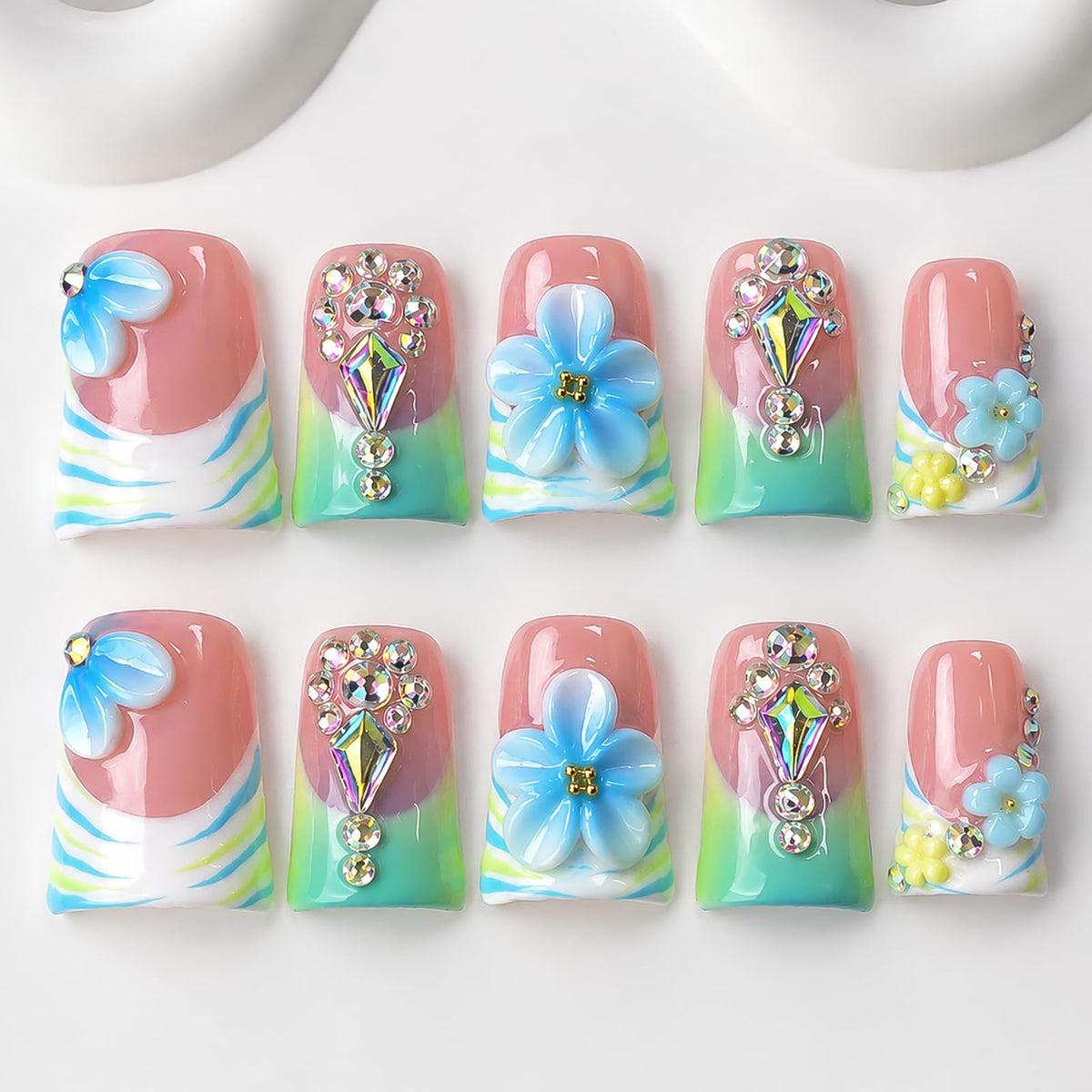 Handmade Press On Nails Short Square Nude 10PCS French Tip Fake Nails with 3D Gold Pearl Charms, Hand Painted Luxury Reusable Stick On Nails for Wedding Bridal Prom(M)