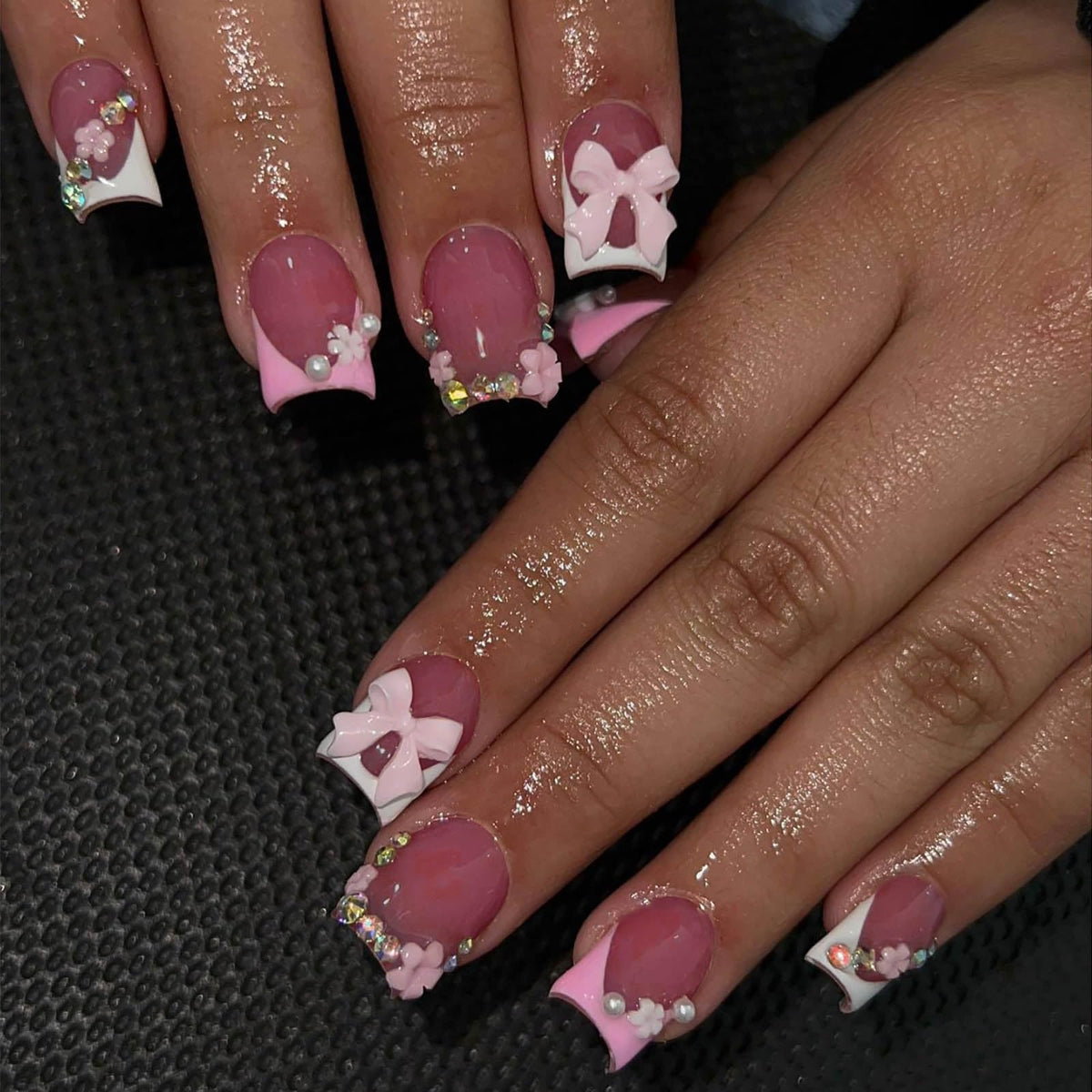 QQPPOLIU Nude Square Press on Nails Short Length,White French Tips Fake Nails with Rhinestones Design for Birthday/Bride/Holiday/Christmas/Valentine'S Day/Women/Young