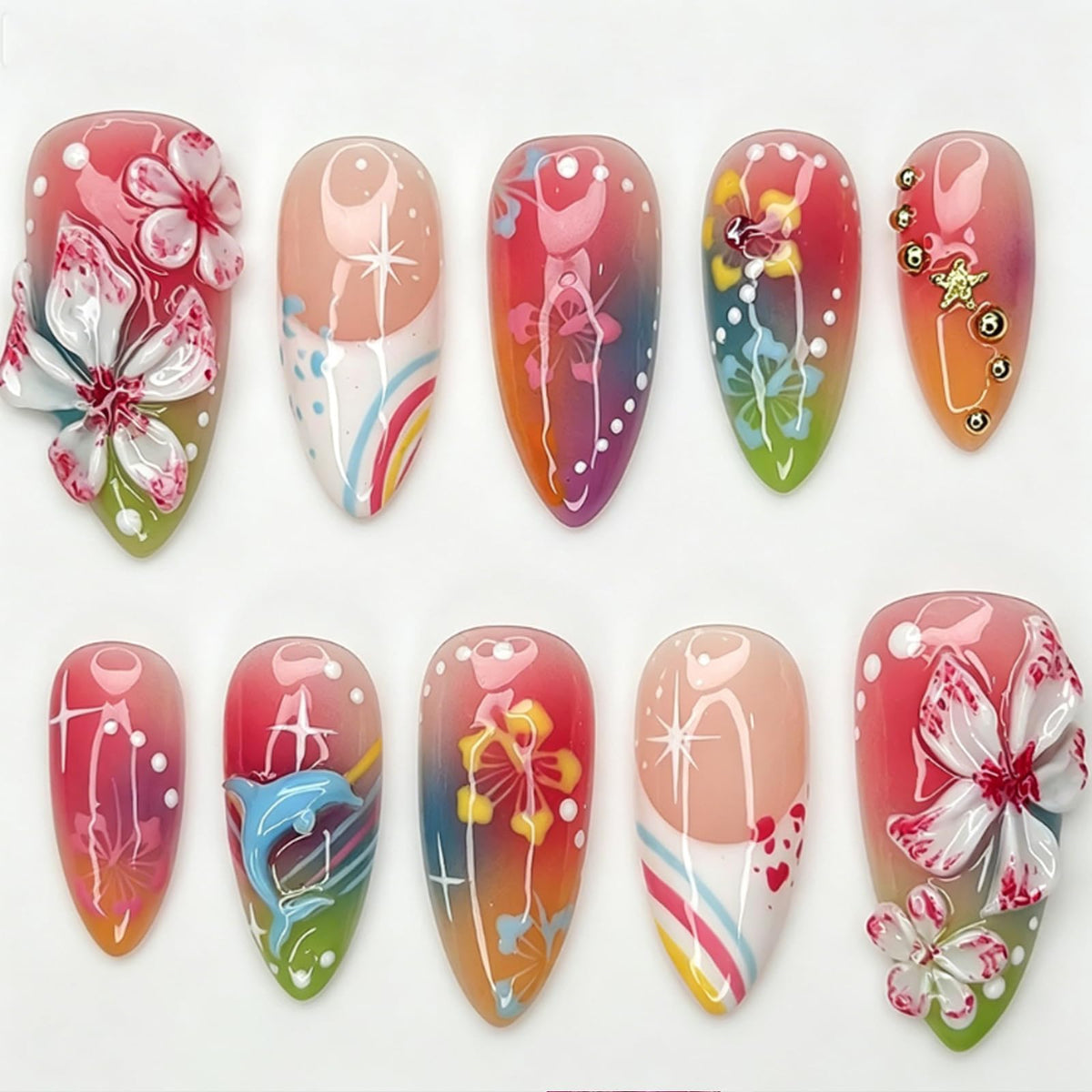 Press on Nails Medium Almond - 3D Red Hibiscus Flower Olive Green Fake Nails, Jade Agate Retro Stick on False Nails for Women & Girls, 30 Pcs
