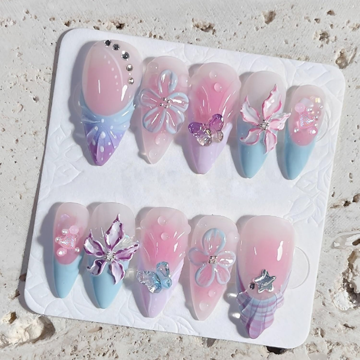 24Pcs White French Tip Press on Nails Medium Almond Fake Nails with Silver Rhinestones with Nude Pink Full Cover Glue on Nails French Designs 3D Flower False Nails Cute Spring Stick on Nails for Women