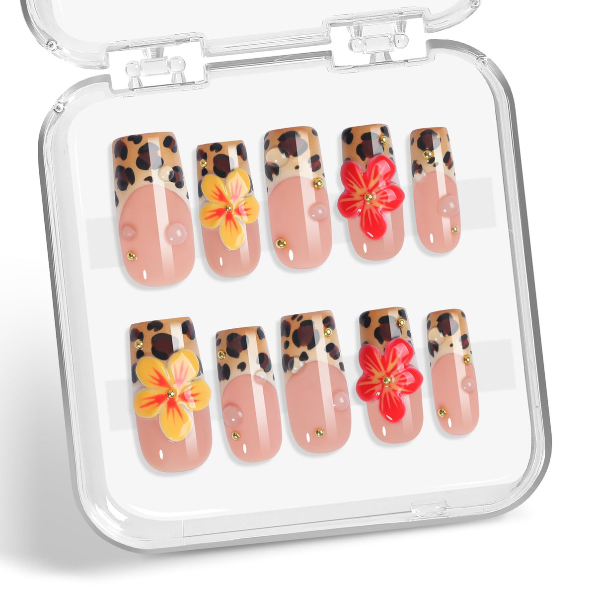 Luxury Handmade Press on Nails Medium Square Fake Nails Blue French False Nails with Ombre 3D Flower Art Design Acrylic Nails Handmade Stick on Nail for Women Manicure 10Pcs (Size M)