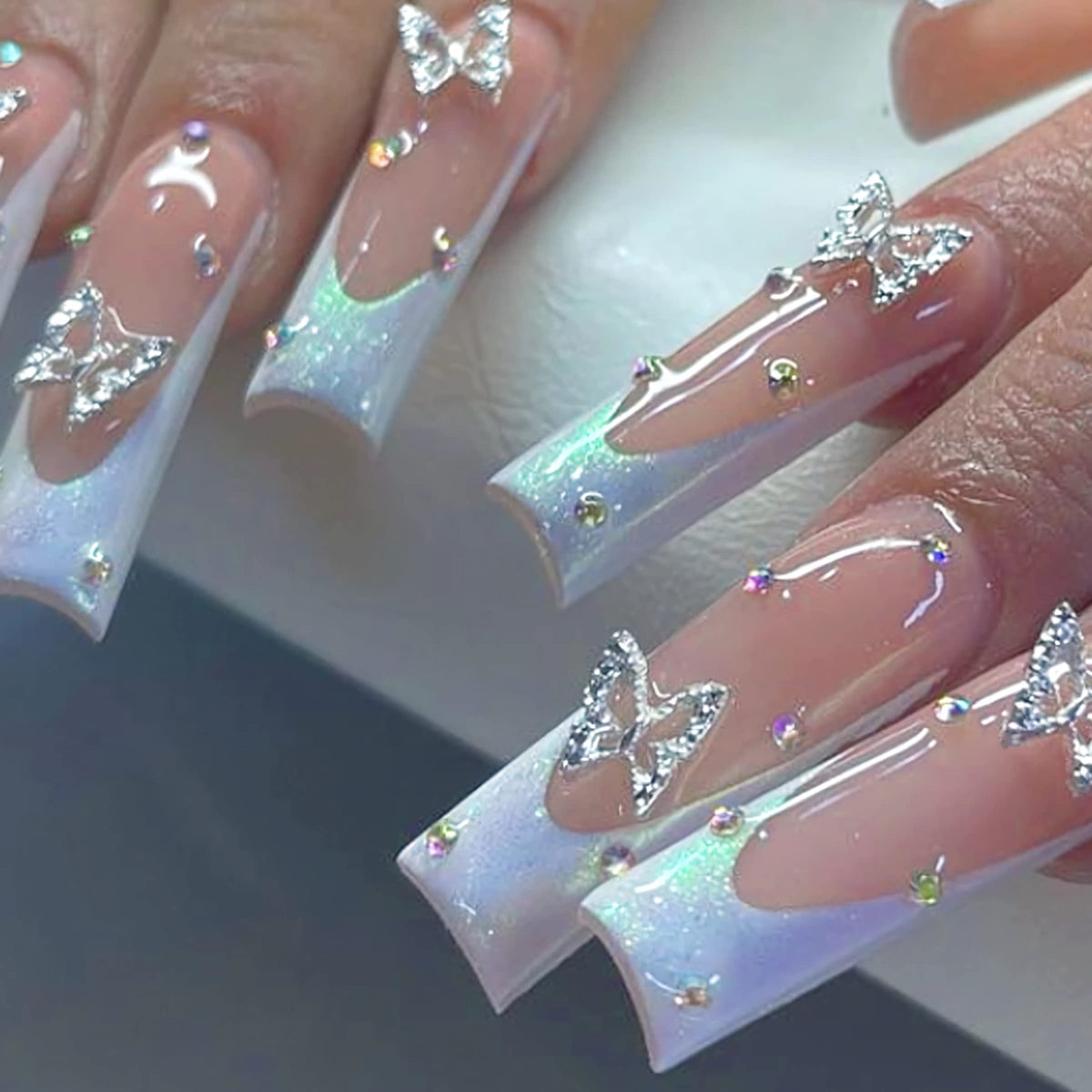 BABALAL Long Square Press on Nails - Blue Fake Nails, Luxury 3D Butterfly Gold Heart Charm Bling Design Full Cover Acrylic Nails Squoval Set 24Pcs