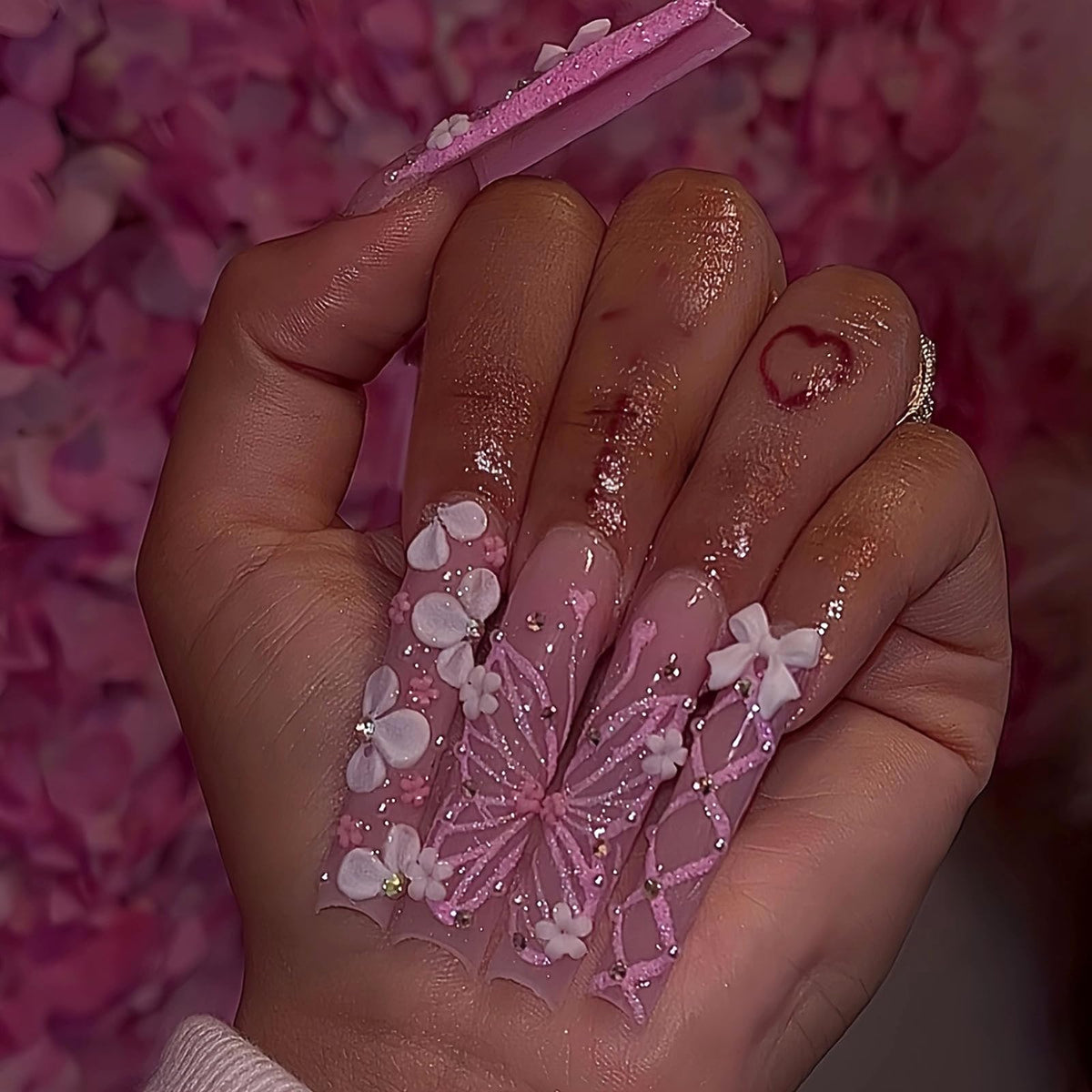 MISUD Press on Nails - Extra Long Square Glue on Nails with French Tip, Acrylic Dollar Money Rhinestone Design 24 pcs
