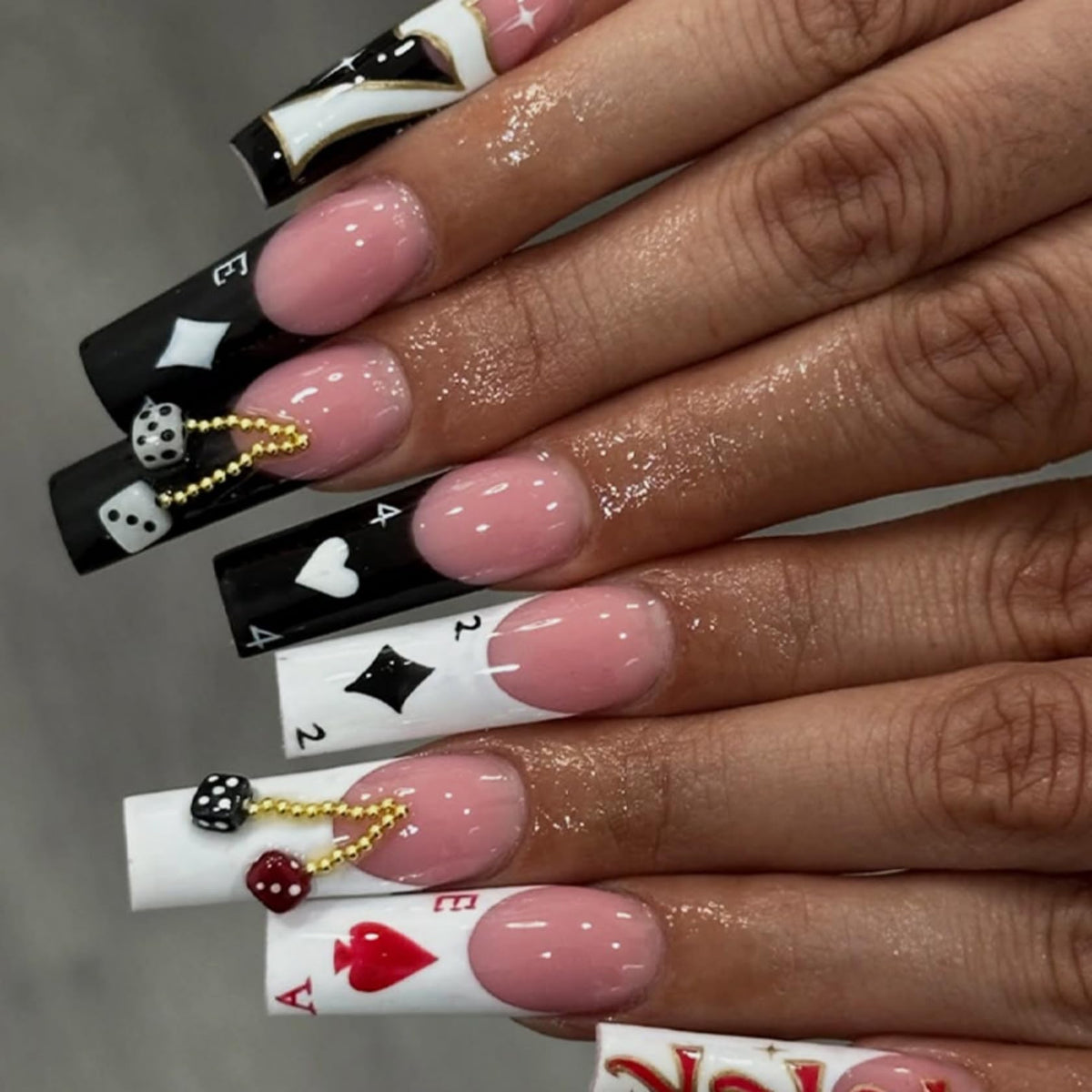 Long Square Press on Nails Bling Gold Chain & Crystal Nails,Fake Nails Artificial Stick on Nails for Women, Nude Pink Glam Prom Wedding Nails with Diamonds