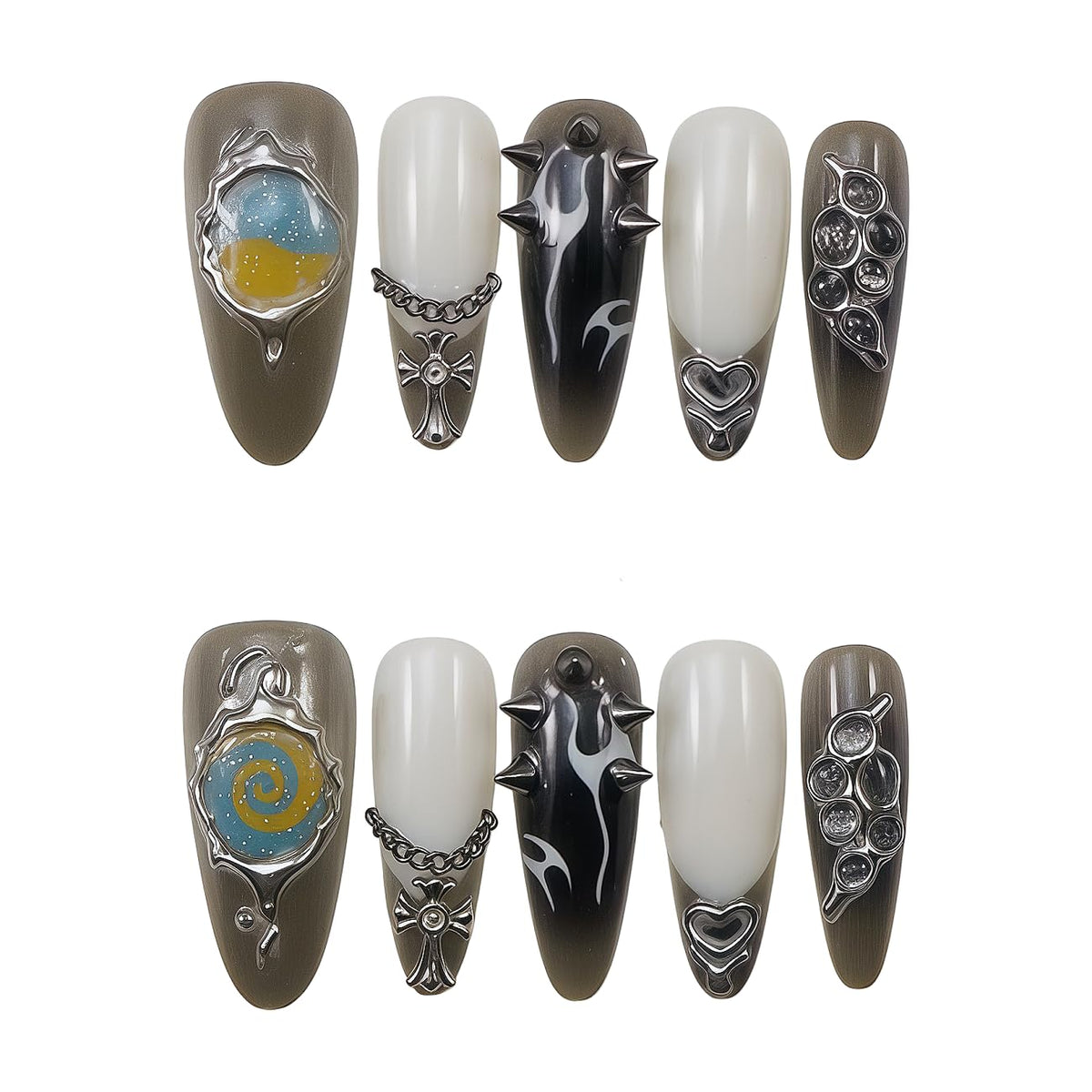 10pcs 3D Metallic Press on Nails Long Almond Handmade, Luxury Ornate Textured False Nails with Gold Silver Chrome Designs, Punk Style Studded Glue on Nails for Women, Gothic Avant-Garde Acrylic Nails