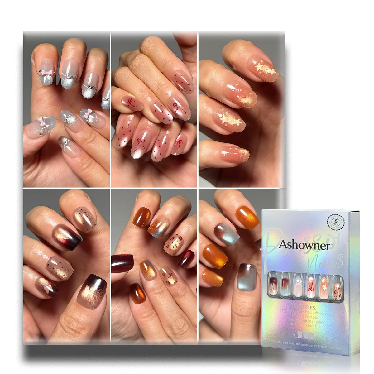 Press on Nails, 6 Packs (144 Pcs) Medium Almond Sets, Wedding French