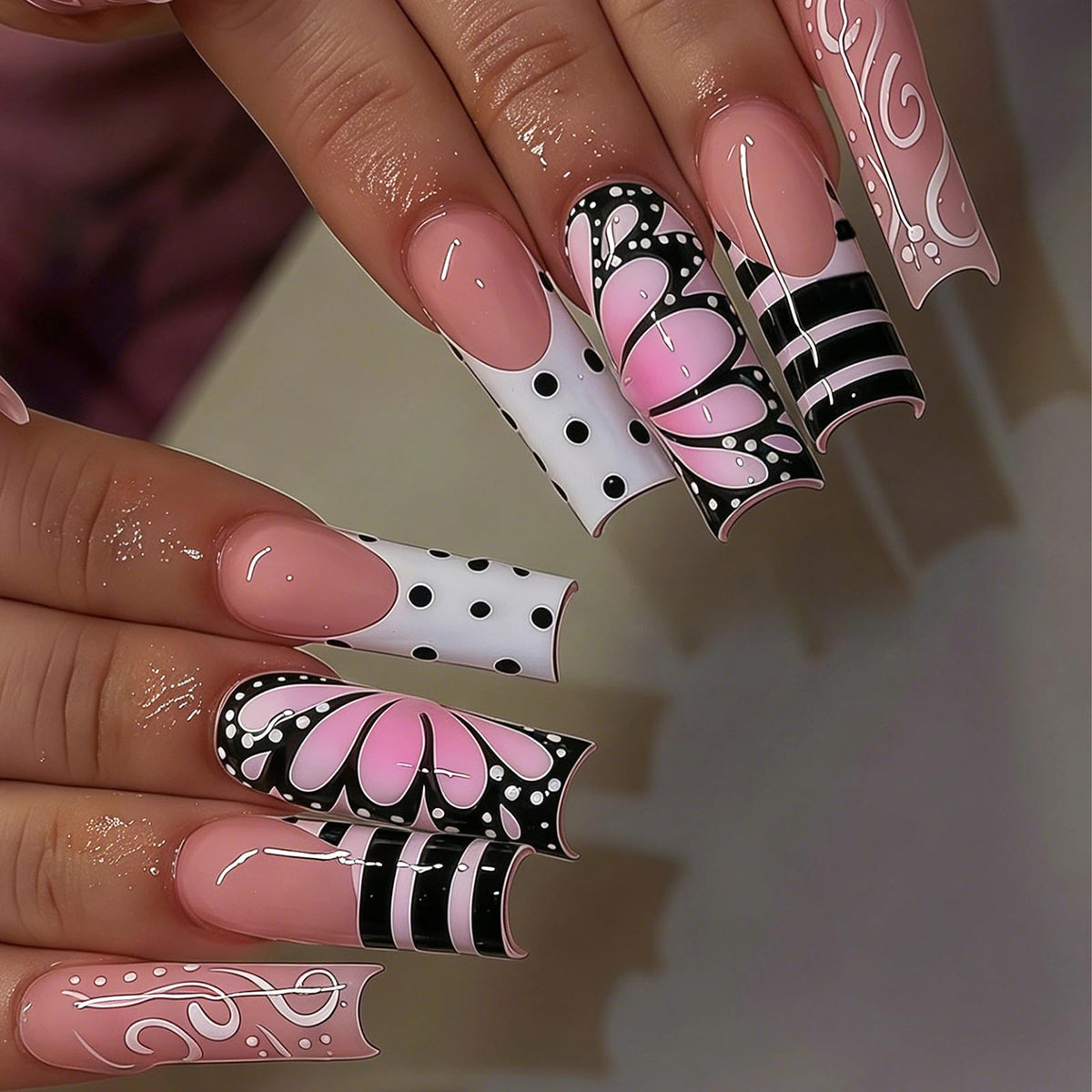 MISUD Press on Nails - Extra Long Square Glue on Nails with French Tip, Acrylic Dollar Money Rhinestone Design 24 pcs