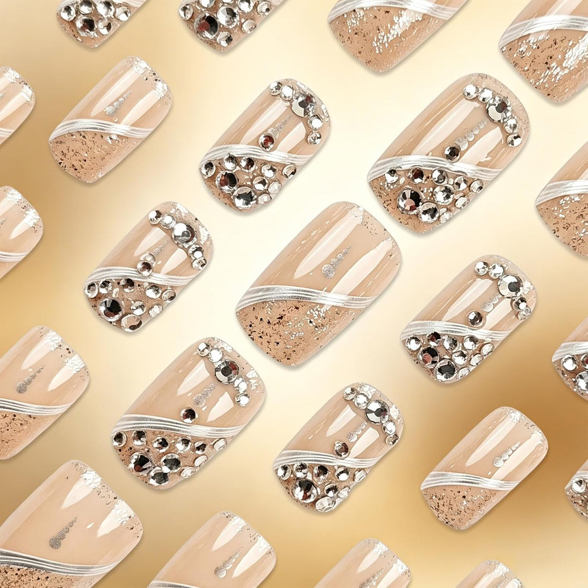 Press on Nails Silver Glitter Rhinestone Medium Square Fake Nails