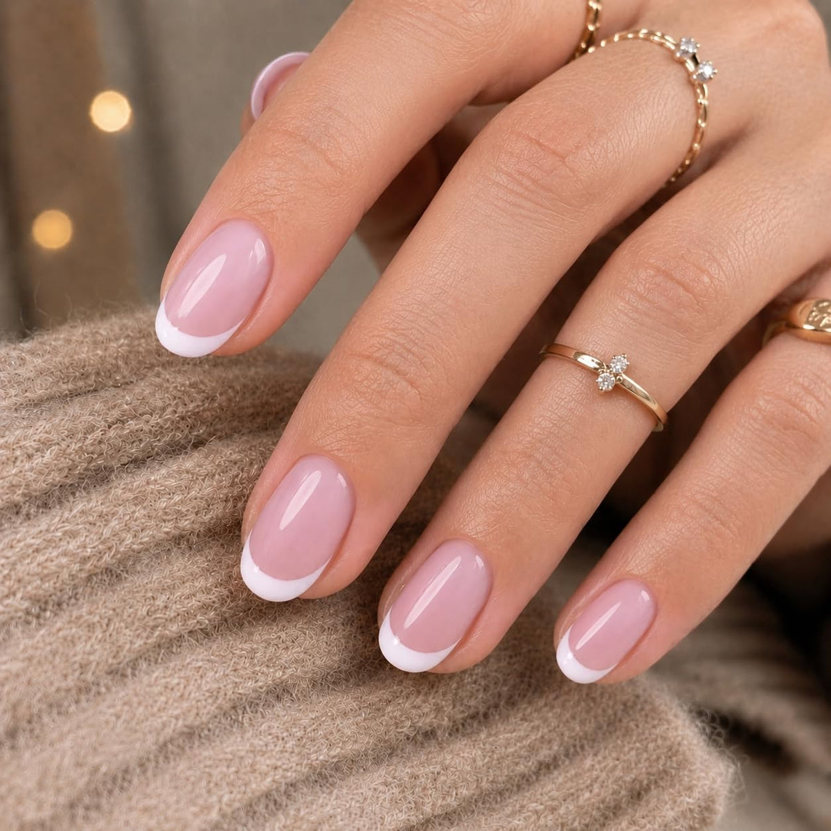 CurvLife Short Oval Chrome Nude Press On Nails, Champagne Pearl, Soft Gel