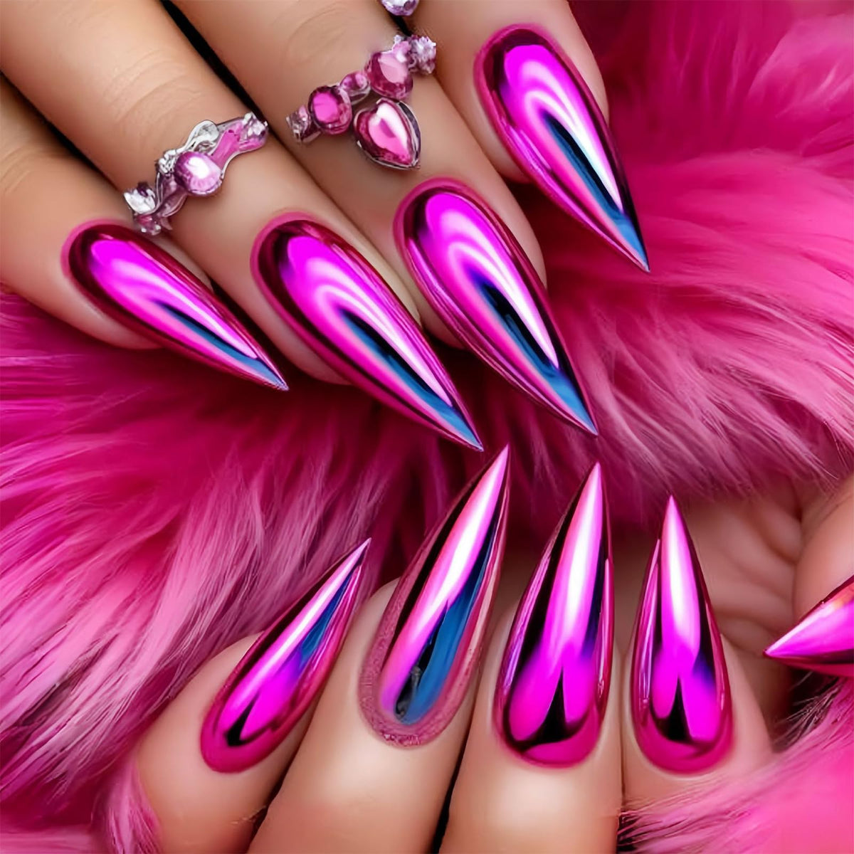 SINHOT Stiletto Press on Nails Long Fake Nails Glossy Glue on Nails Luxury Rhinestones Acrylic Nail White Bling Glitter Almond Artificial Nail Stick on False Nail with Design 24pcs
