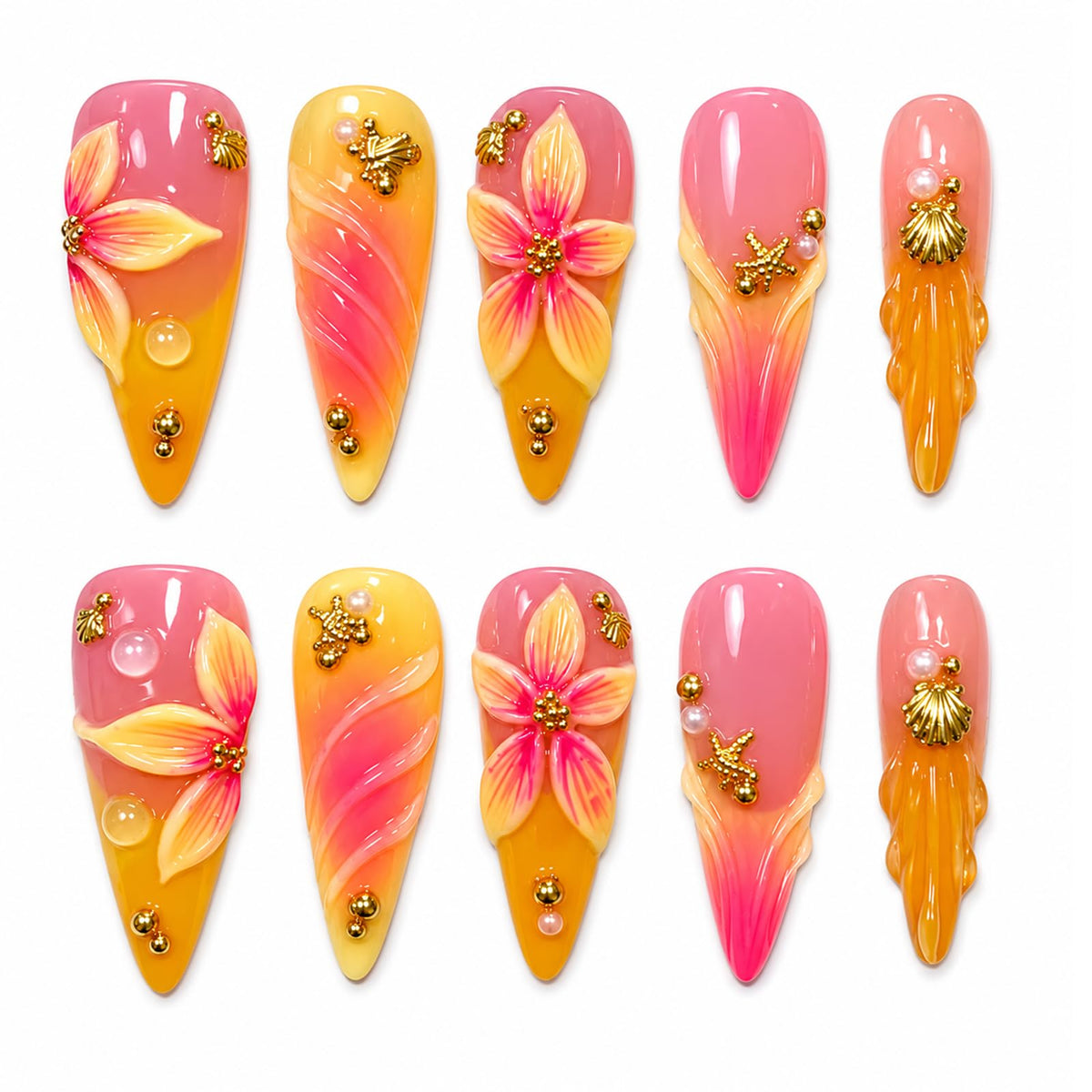 Handmade Press on Nails Long Stiletto - Liquid Gold Abstract Acrylic Fake Nails with Blue Shimmer & Colorful Gems, Luxury Reusable False Nails 10 pcs (Size M)