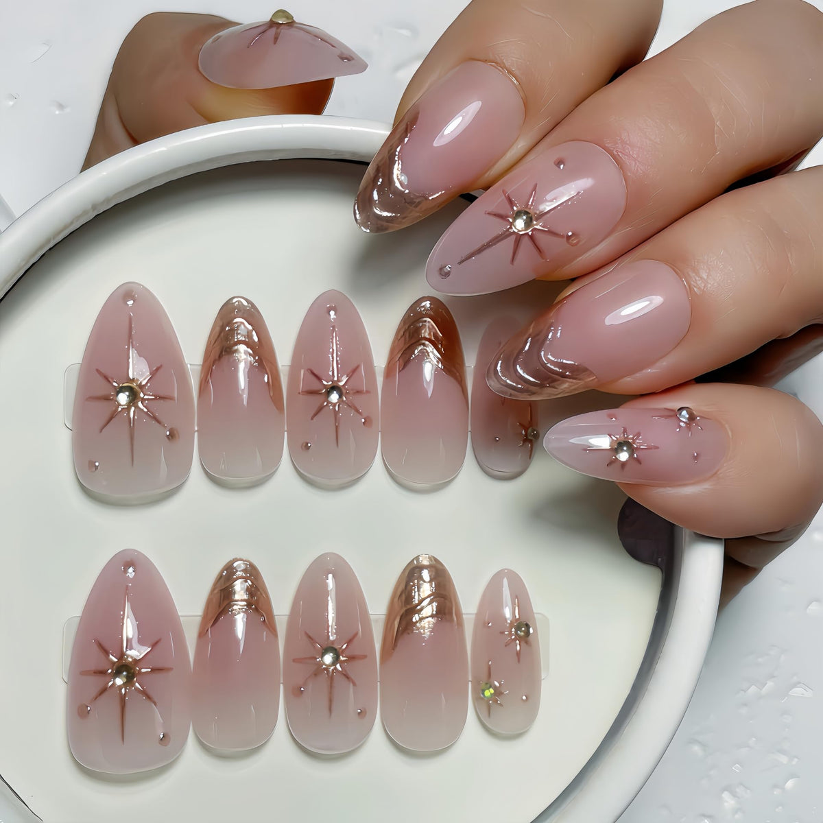 Nude Pearl Gold French Press on Nails Medium Almond Fake Nails Kit 24PCS