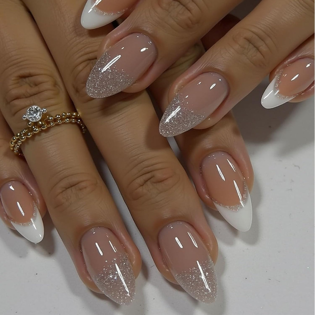 White French Tip Press on Nails Almond Medium Fake Nails with Silver Glitter Designs Nails Press ons Nude Glue on Nails Glossy Acrylic Nails Simple Stick on Nails for Women 24Pcs