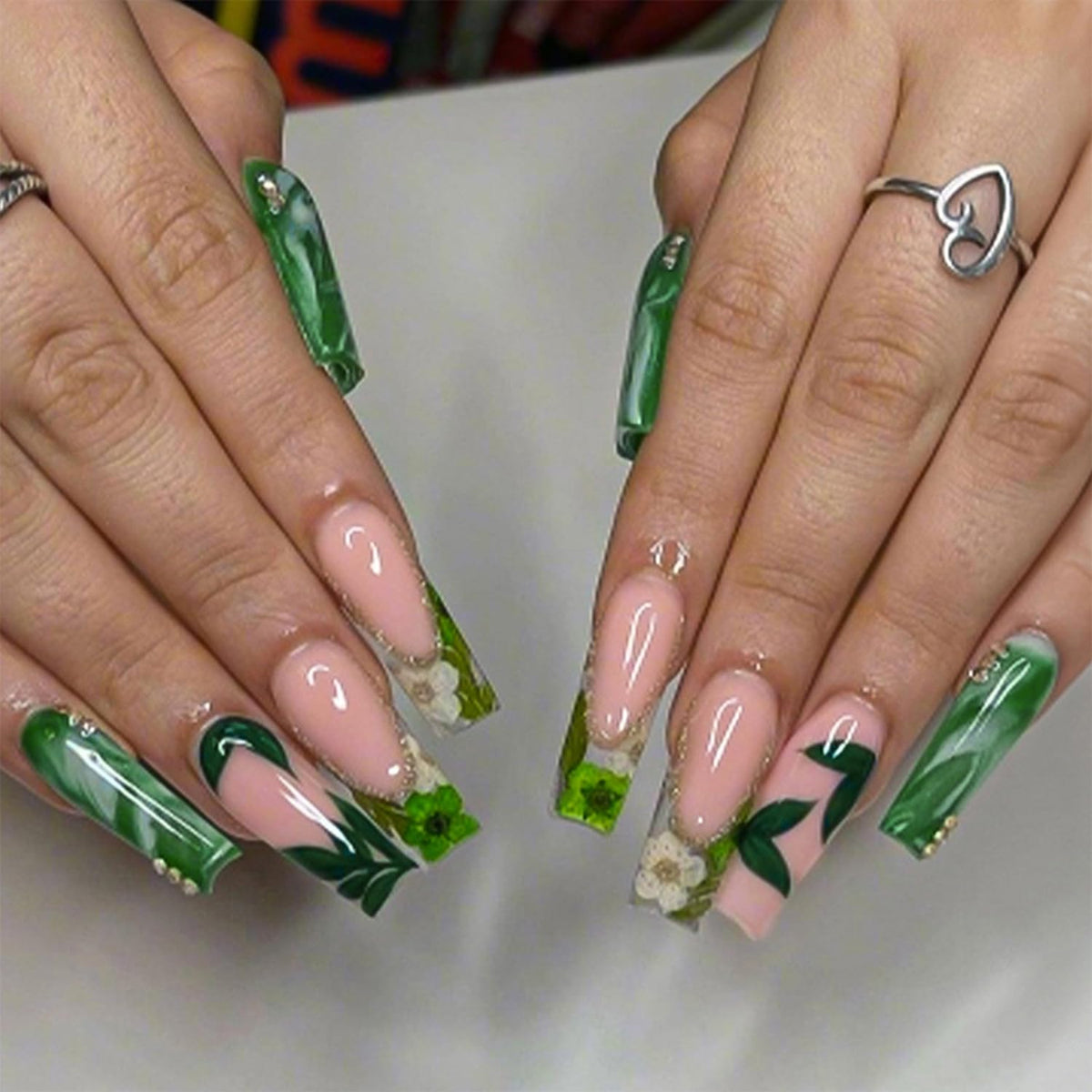 24Pcs Long Press on Nails Luxury Rhinestone Fake Nails French Glue On Nail with Sparkly Rhinestones Gem Silver Lines Designs Shiny Acrylic False Nails for Women Manicure Decoration
