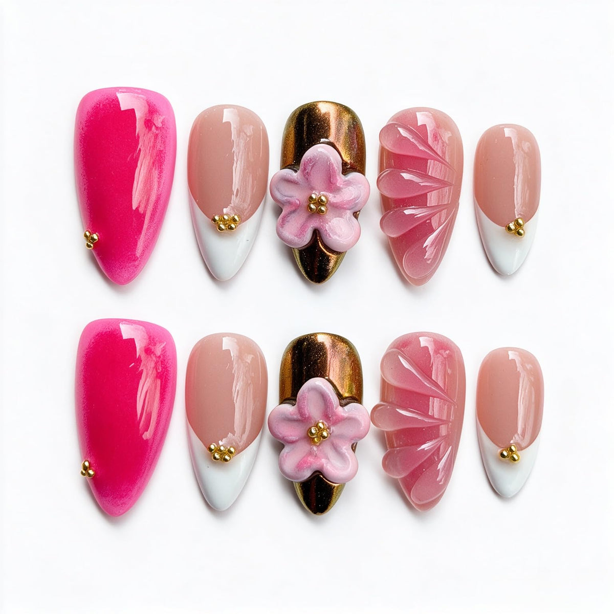 Handmade Press On Nails – Short Almond False Nails for Women, Reusable Acrylic White French Tip with Pearl & 3D Flowers Design – Salon Quality Fake Nails (10PCS Size S)