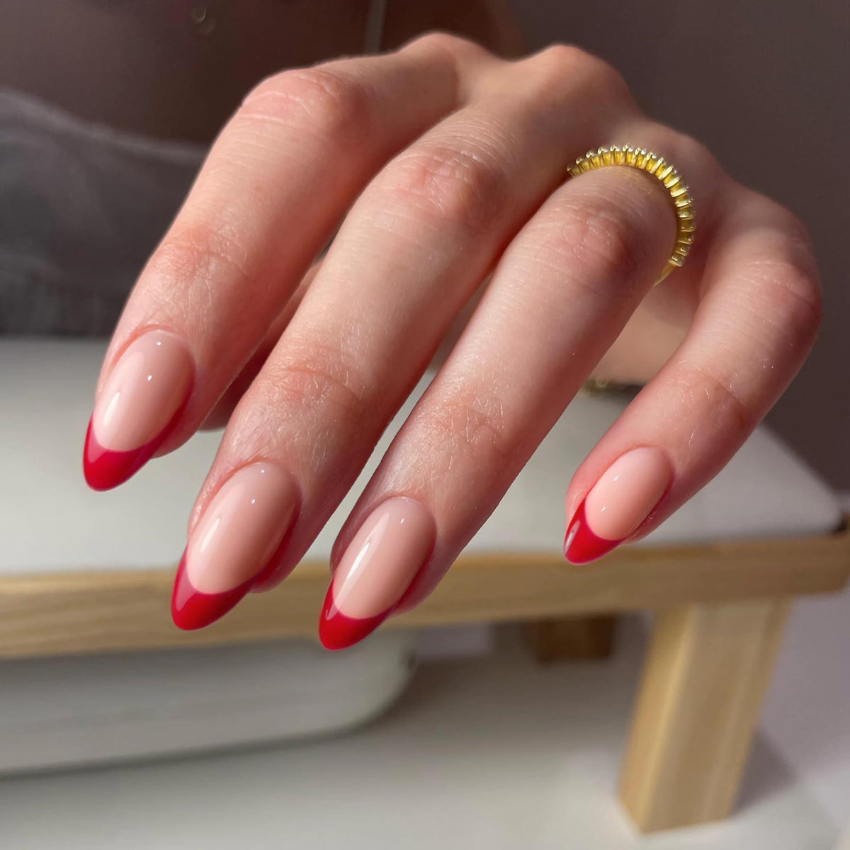 Qsnidy Press on Nails Almond, Ombre Nude to White, Glossy Fake Nails