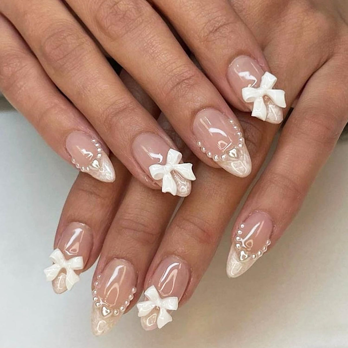 24 Pcs French Tip Press On Nails Long Coffin Almond Acrylic Full Cover Stick on Nails with Glitter Rhinestones Designs White Bow False Nails for Women Nail Art Decoration