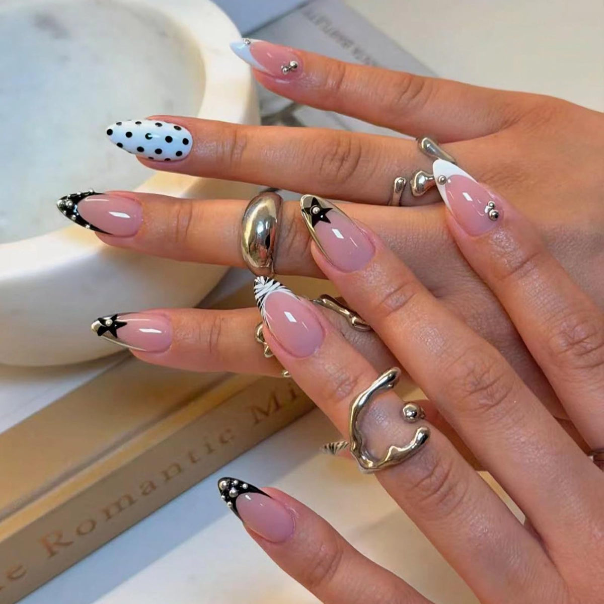 MERVF Medium Almond Press on Nails - White Ombre French Tip Fake Acrylic Nails, Rhinestones Gold Rings Design Wedding Glossy Finish 24pcs