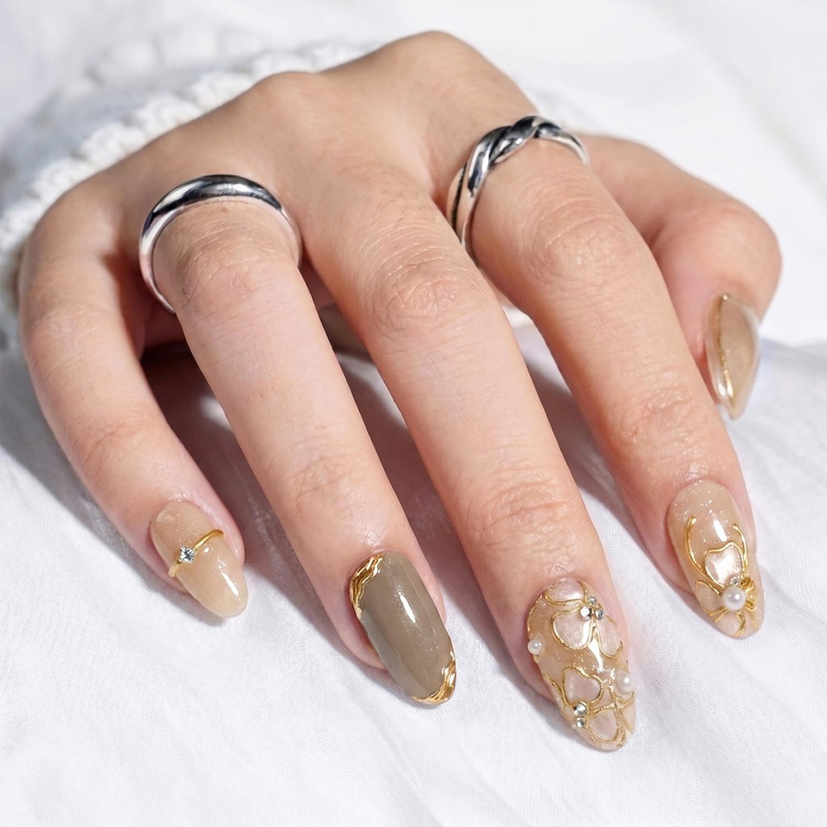 Black French Tip Press On Nails Almond Stiletto, Nude Glossy Fake Nails