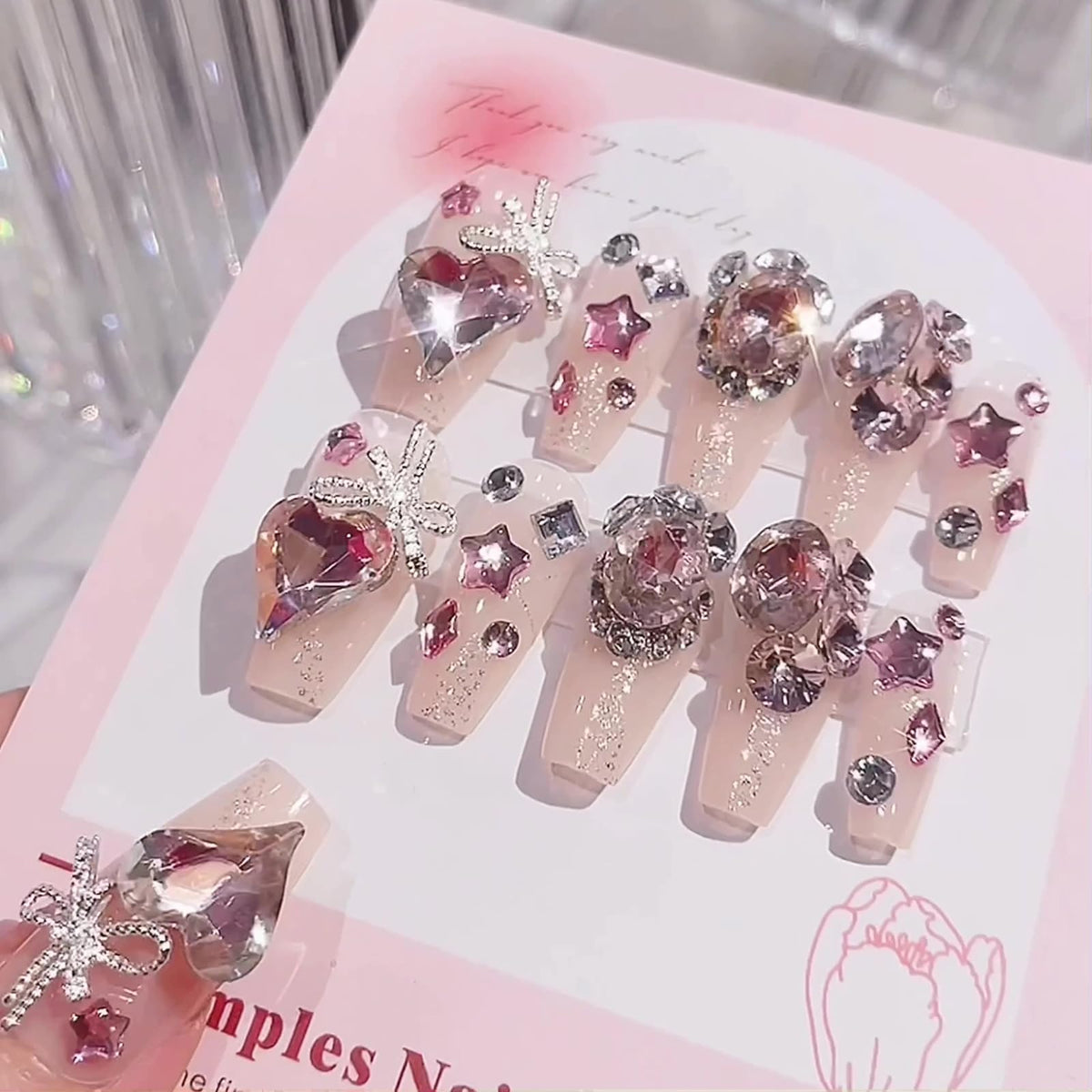 SINHOT Luxury Press on Nails - Long Coffin Fake Nails 3D Handmade Cute Pink Reusable False Nails with Rhinestone Designs,DIY Artificial Nail Art, 24pcs