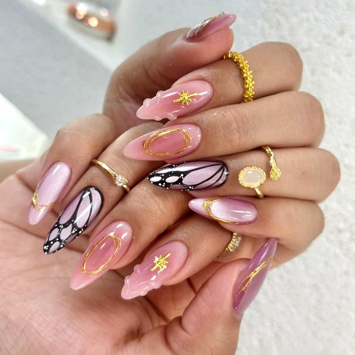 Black French Tip Press On Nails Almond Stiletto, Nude Glossy Fake Nails