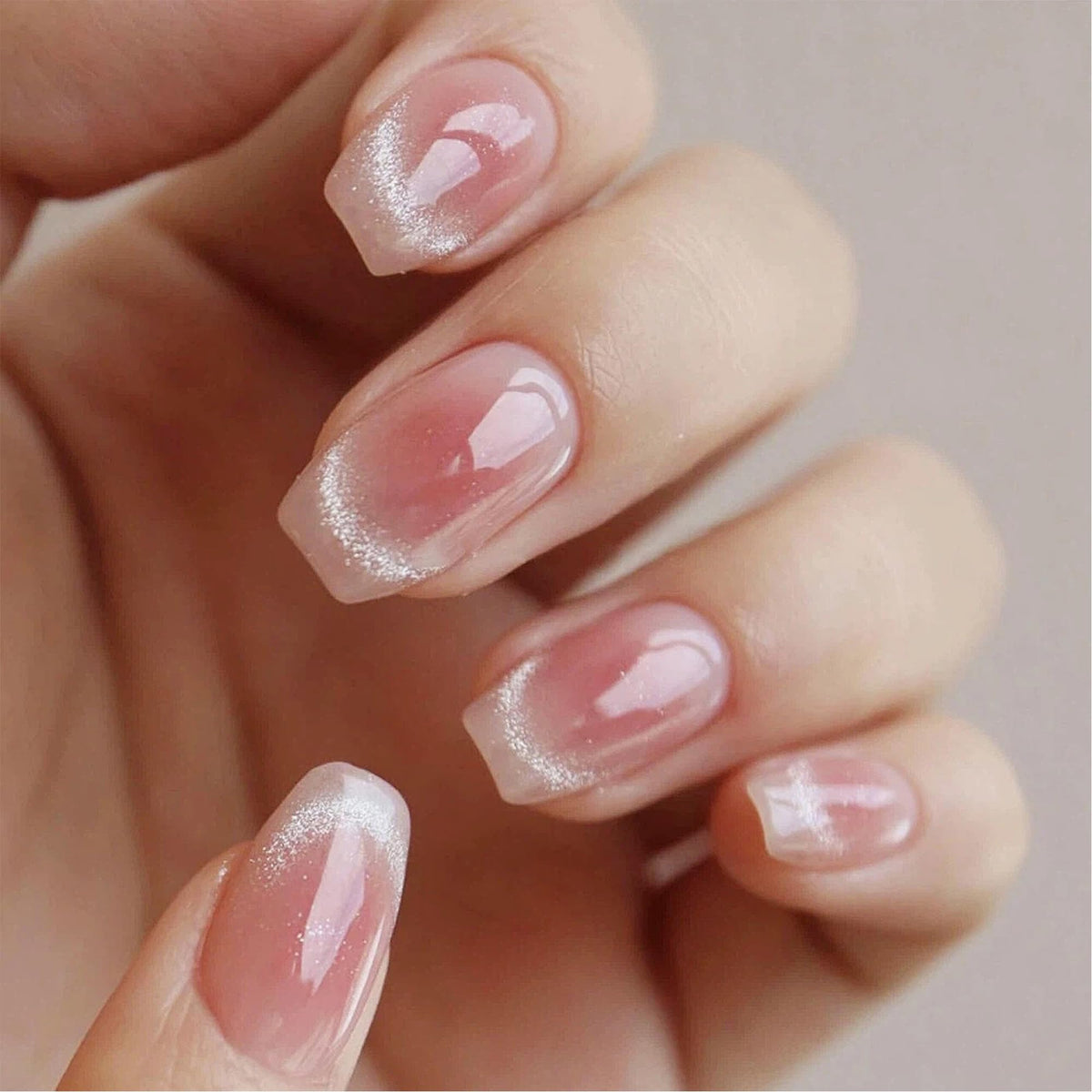 Glossy Nude Gold French Tip Press On Nails Short Almond, 30 PCS