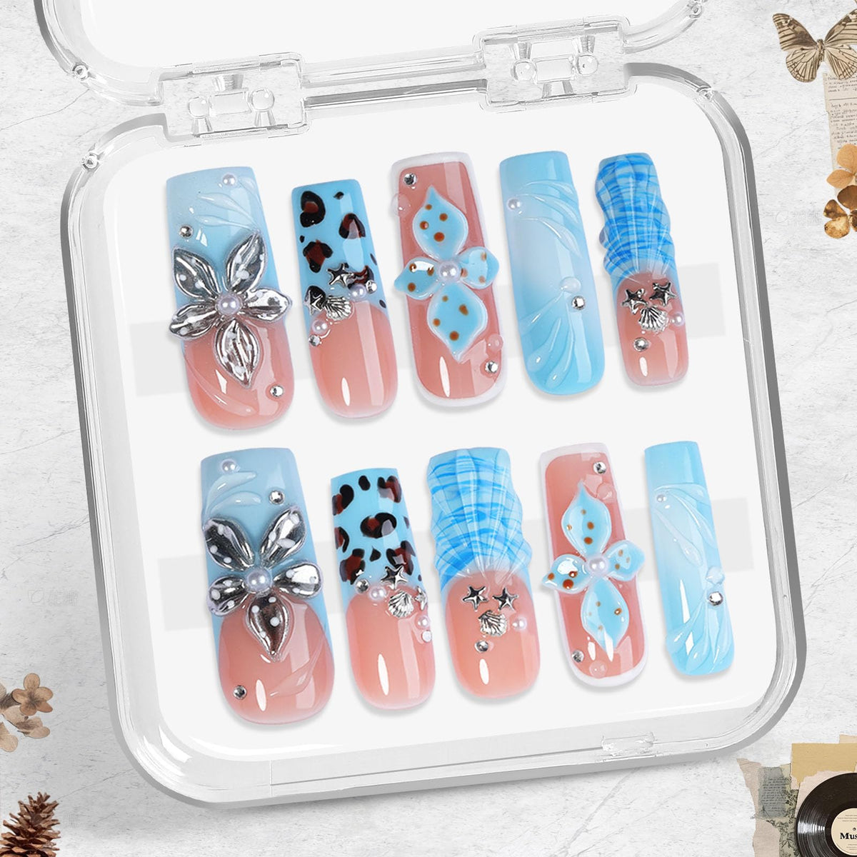 Luxury Baroque Press-On Nails 10pcs, Handmade Long Square Acrylic Nails with Sculpted Gold Relief, Gemstone Heart Charms & Pearl Details, Vintage Green Brown Glossy Design for Statement Style – Appife