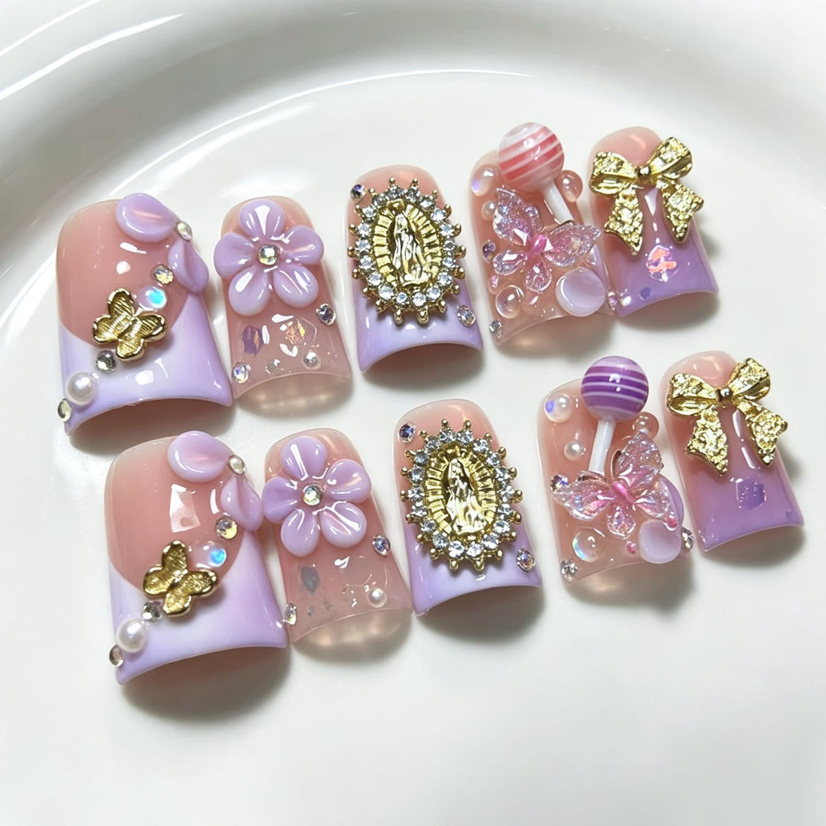RIICFDD Medium Duck Press on Nails Rhinestone French Handmade Nails(S)