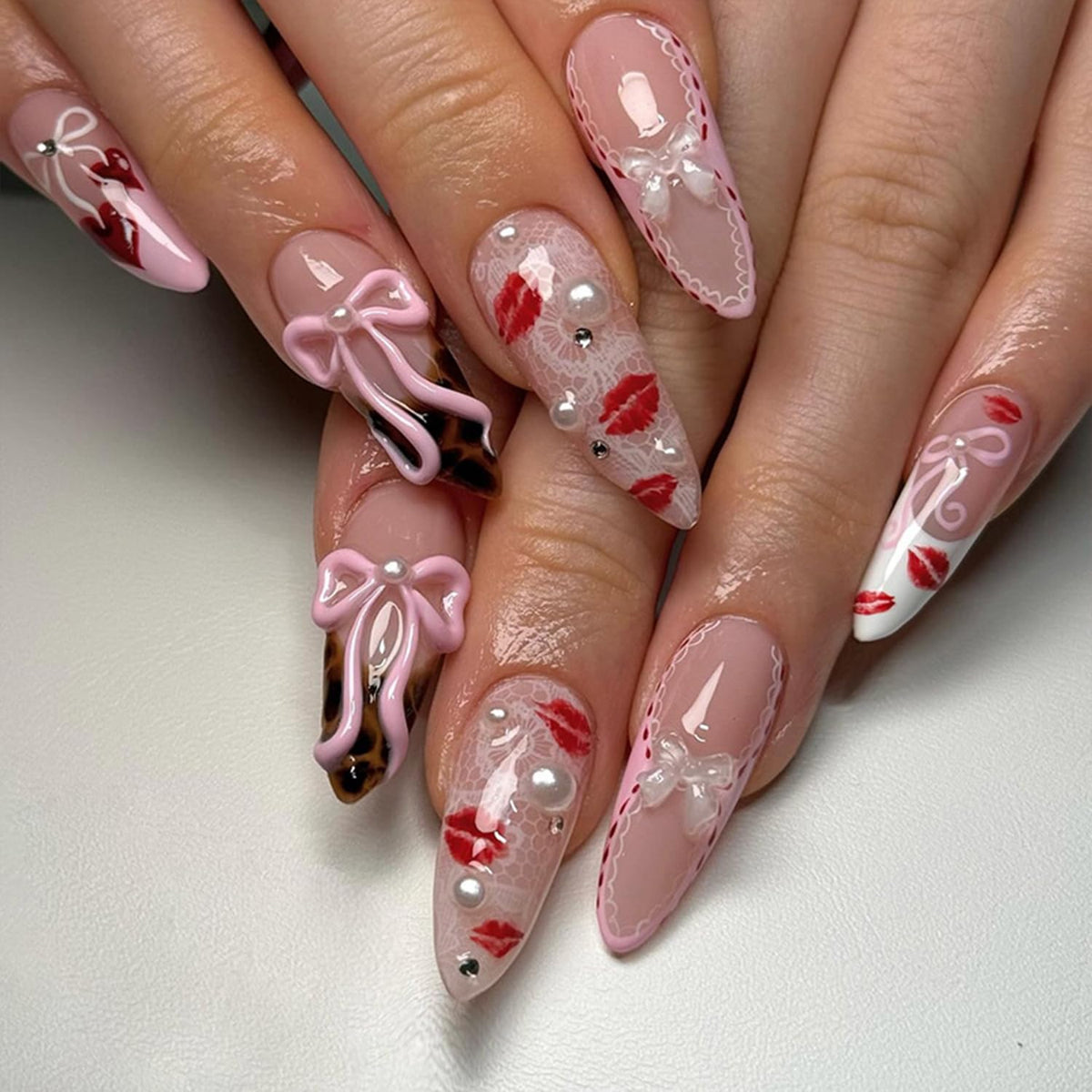 Almond Press on Nails Pink Glitter Bridal Designs Medium Fake Nails with 3D Bow Rhinestones Accent Glossy Wedding Manicure for Bride Bridesmaid Women 24 Pcs