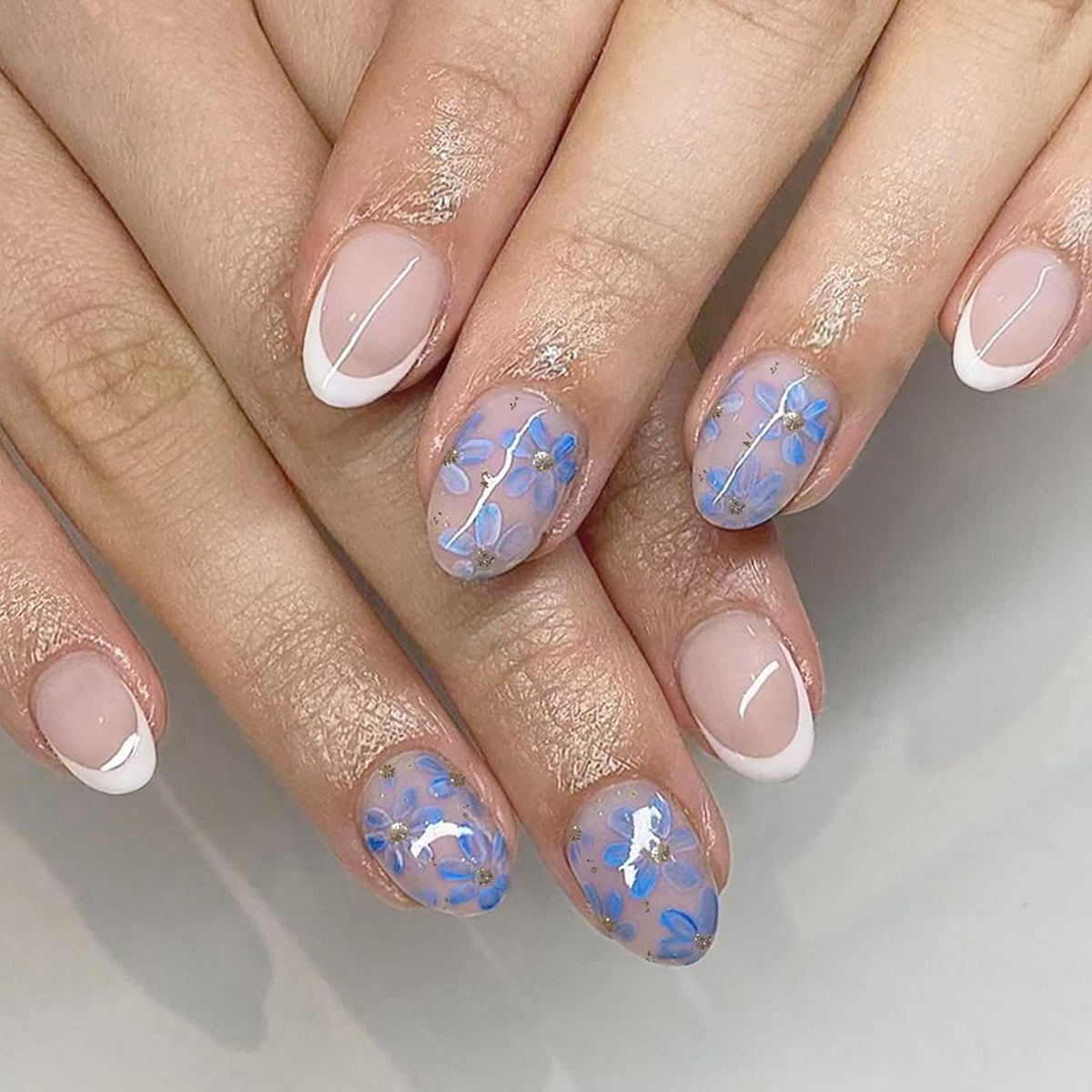 Almond Press on Nails Medium, Handmade White French Tip 3D Nude Fake Nails with Pearl Flower Leaf, Reusable Acrylic Stick On Nails for Women Wedding Bridal Party 24Pcs