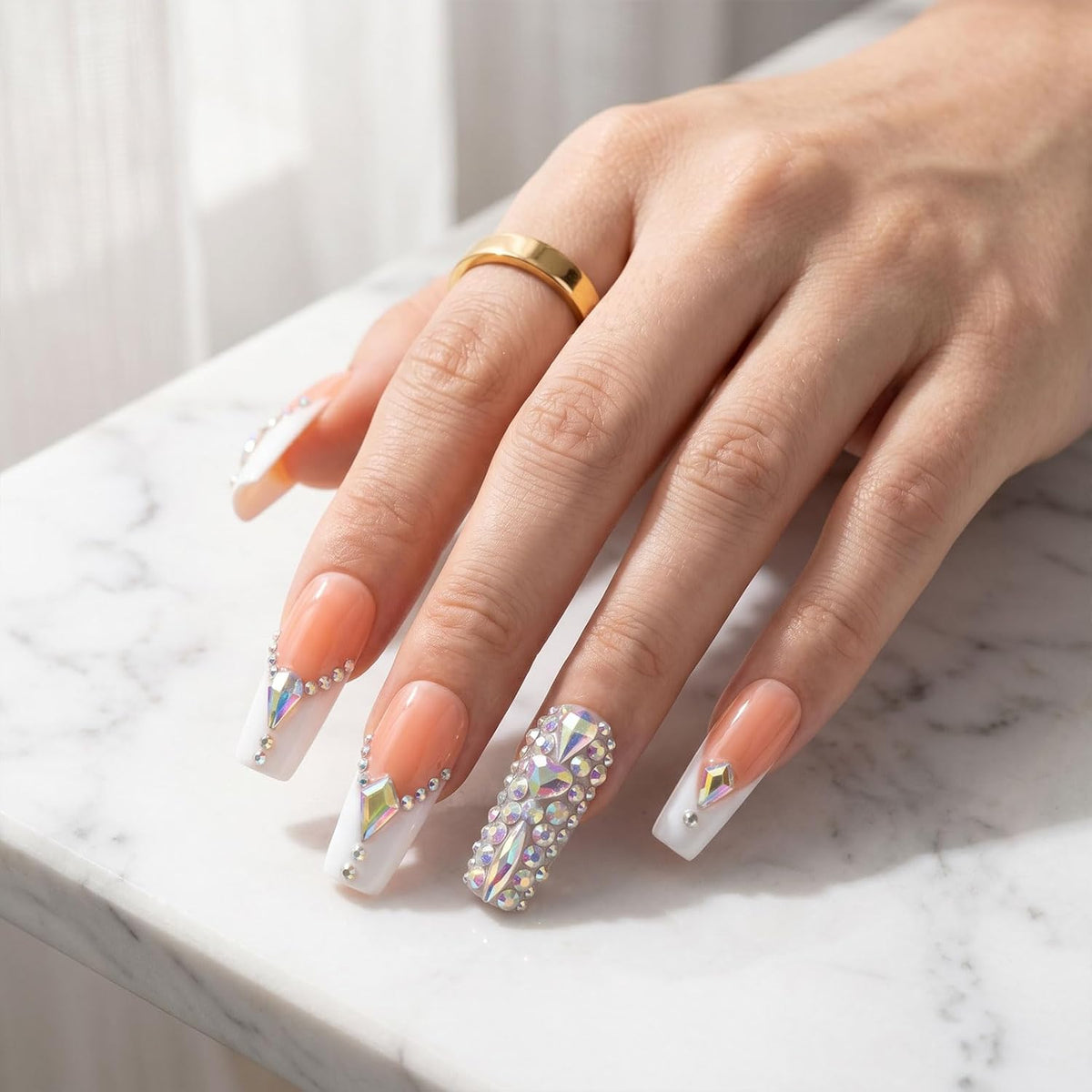 Long Square Handmade Press on Nails - White French Tip Acrylic Fake Nails with Crystals Gems, Elegant Bridal Reusable False Nails for Wedding Manicure 10 Pack (Size M)