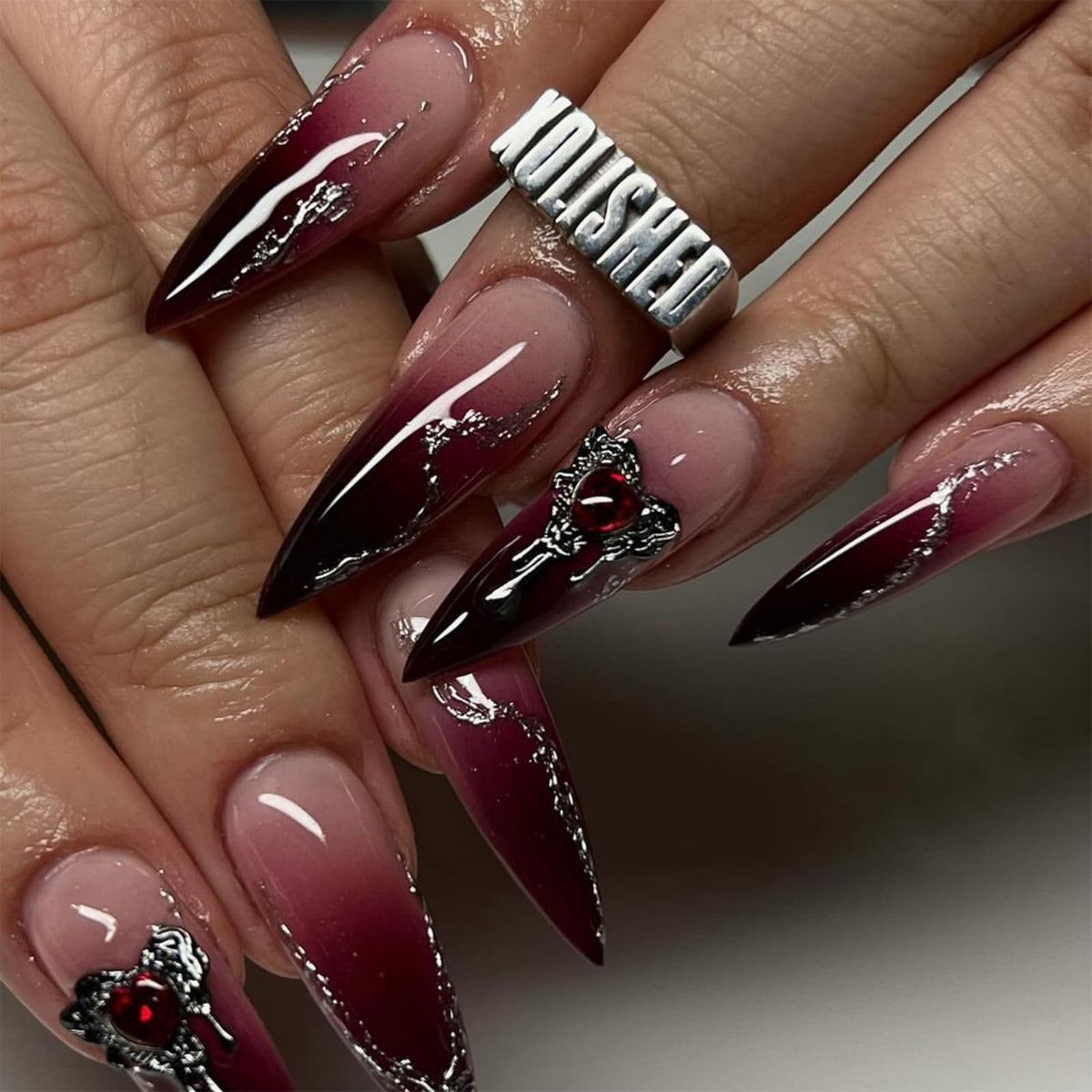 3D Gold Press on Nails Long Stiletto Fake Nails Glossy Nude Blue Full Cover