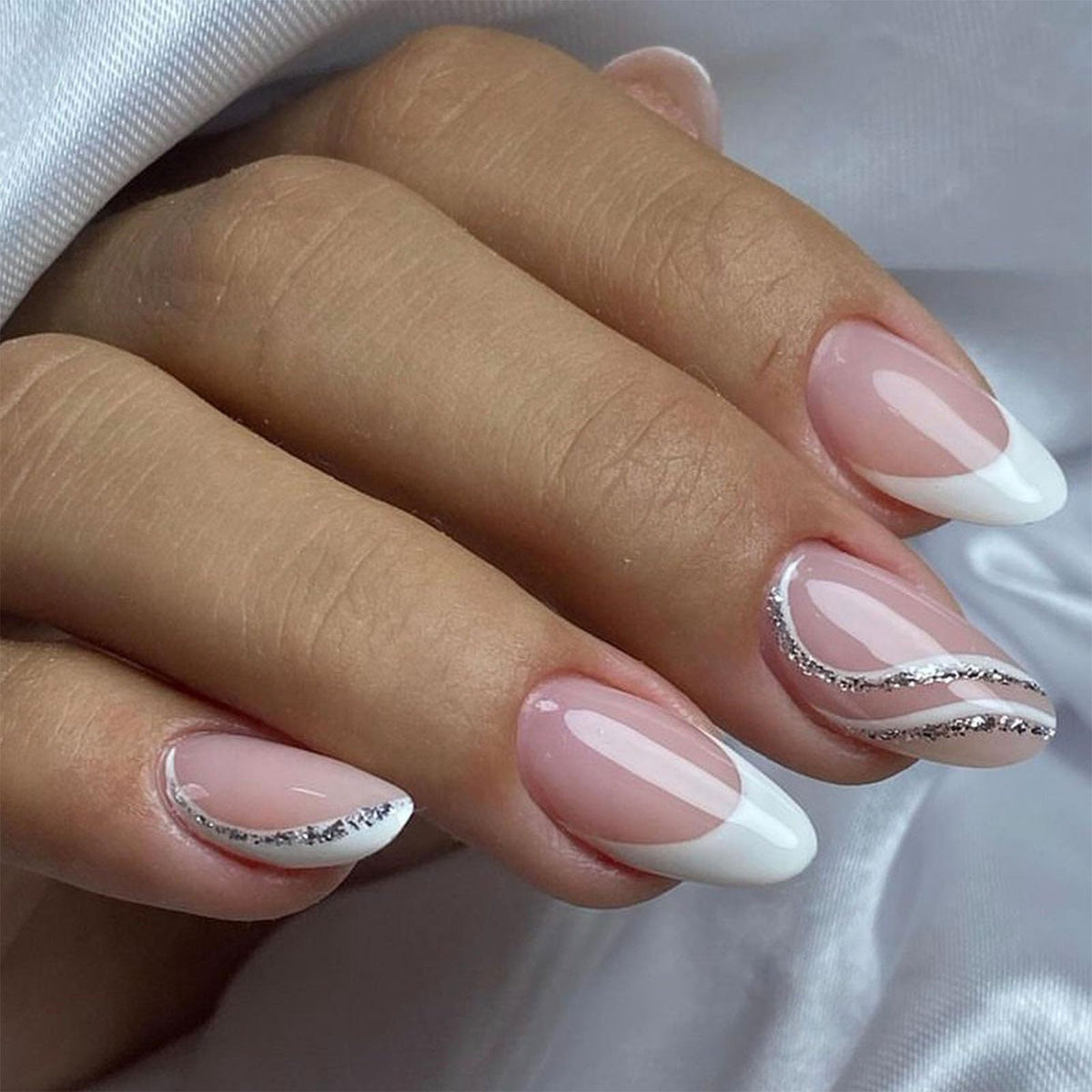 Press On Nails Almond Fake Nails French Tip False Nails Press ons Medium Glue on Nails with Chrome Design for Women Stick on Nail 24Pcs