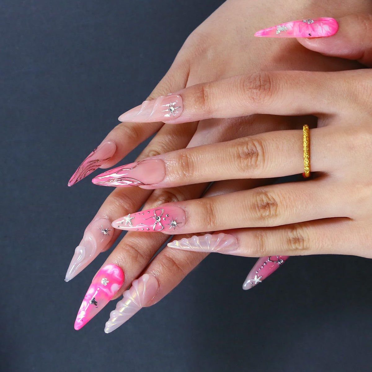 Press on Nails, Handmade Medium Almond Fake Nails, 3D Art False Fingernails with Design Full Cover Fake Nail, Glossy Acrylic Stick on Nails Artificial Nails for Women Manicure 10 Pcs (L)