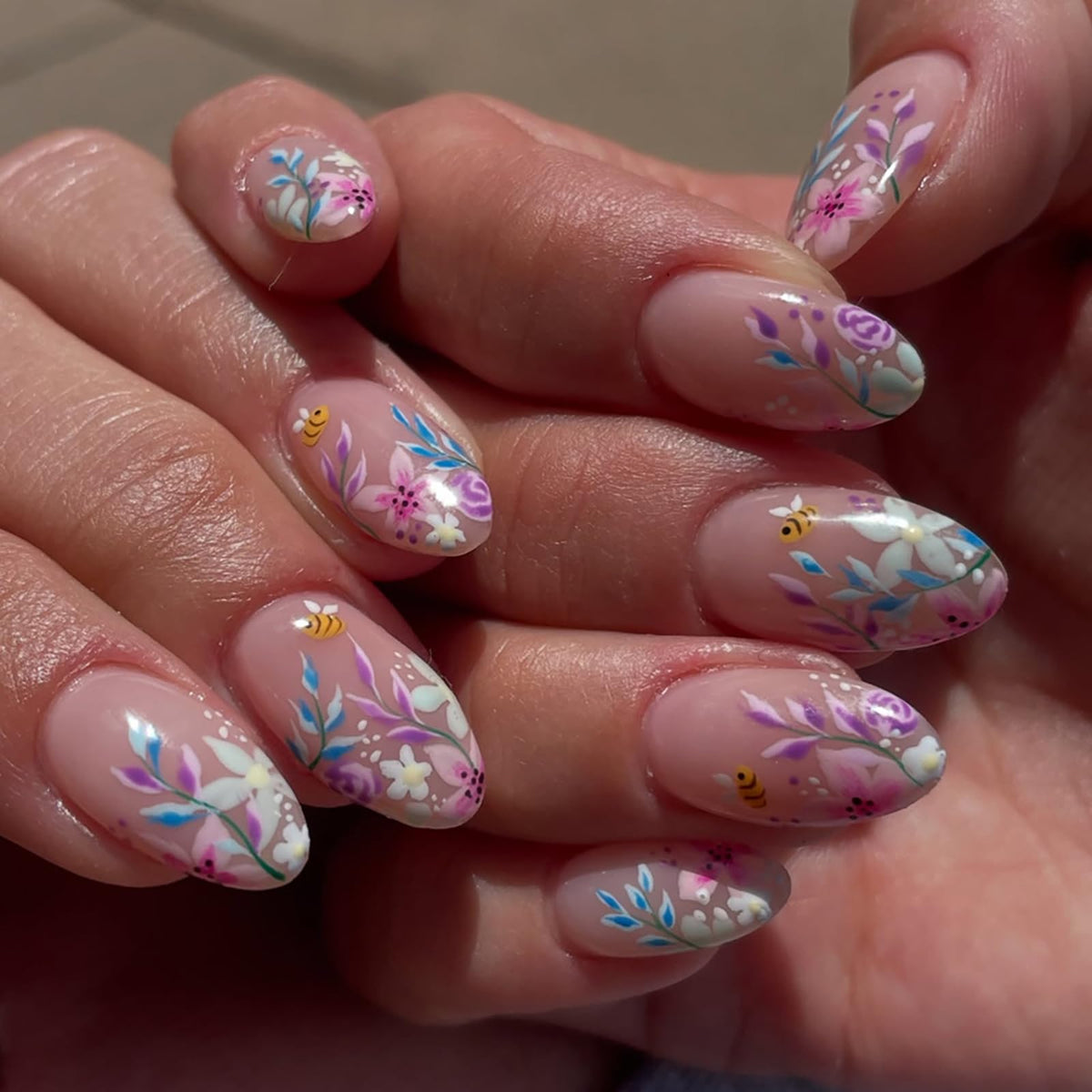 Almond Press on Nails Medium, Handmade White French Tip 3D Nude Fake Nails with Pearl Flower Leaf, Reusable Acrylic Stick On Nails for Women Wedding Bridal Party 24Pcs