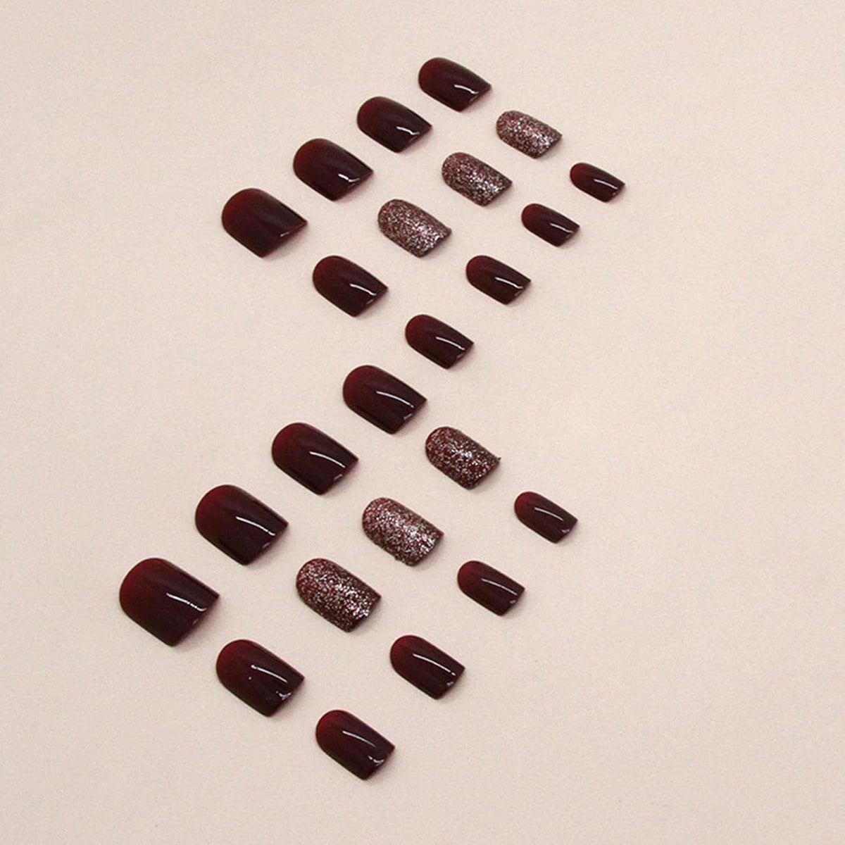 Short Press on Nails Square Fall Burgundy Fake Nails with Golden Glitter Designs Acrylic Nails Press ons Reusable Glue on Nails for Women and Girls Daily Wear 24 Pcs